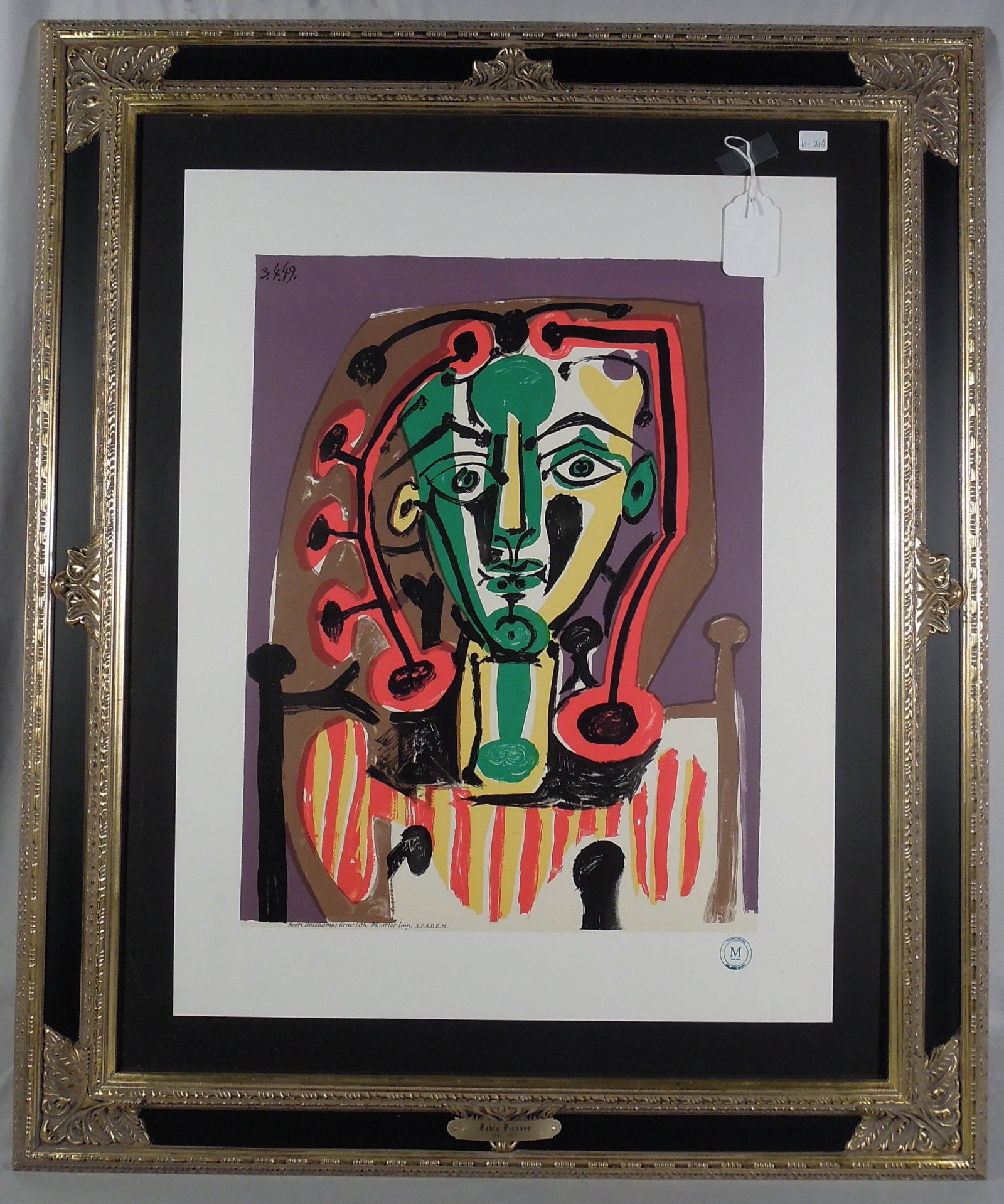 PABLO PICASSO (1881-1973) SPANISH: Original Lithograph "Le Corsage Raye". Part of a collection & archives of Ateliers Mourlot, Paris, France. Distributed in 1988. Certified by Mourlot with reference stamp on back. Overall framed 36 1/2