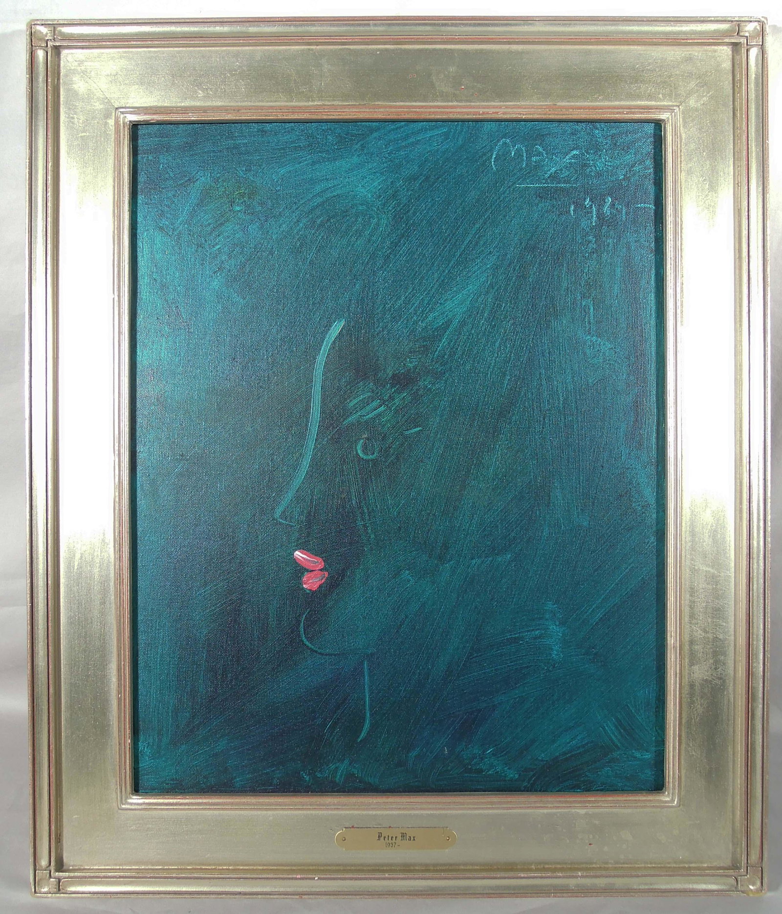 PETER MAX (1937- ) GERMAN: Very rare original painting on canvas "Profile of Woman". Hand signed and dated 1084. Image 12" x 16", Overall framed 26" x 21 1/2".