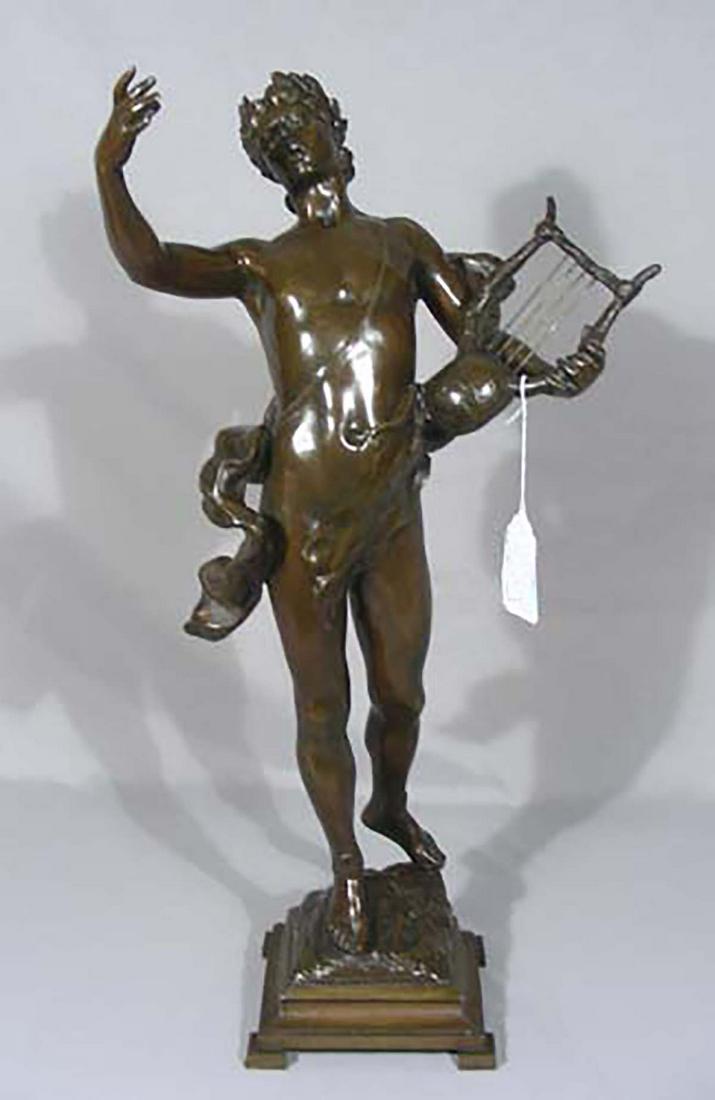GODEFROID DEVREESE (1861-1941) BELGIAN: Original antique bronze sculpture "Appolon". Standing man with harp. Very fine detail. Signed on base. Excellent condition. 26" High.