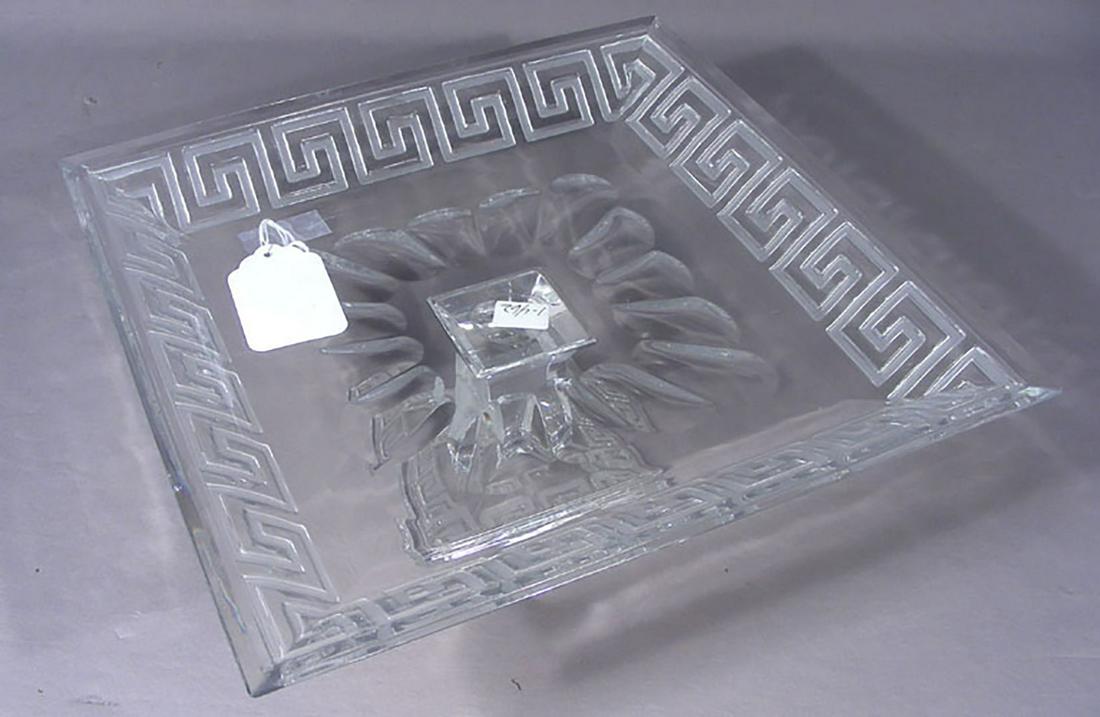 VERSACE STYLE CRYSTAL PEDESTAL TRAY: Greek key and lion head design. Perfect condition. 5 1/2" High, 12 1/2" Sq.