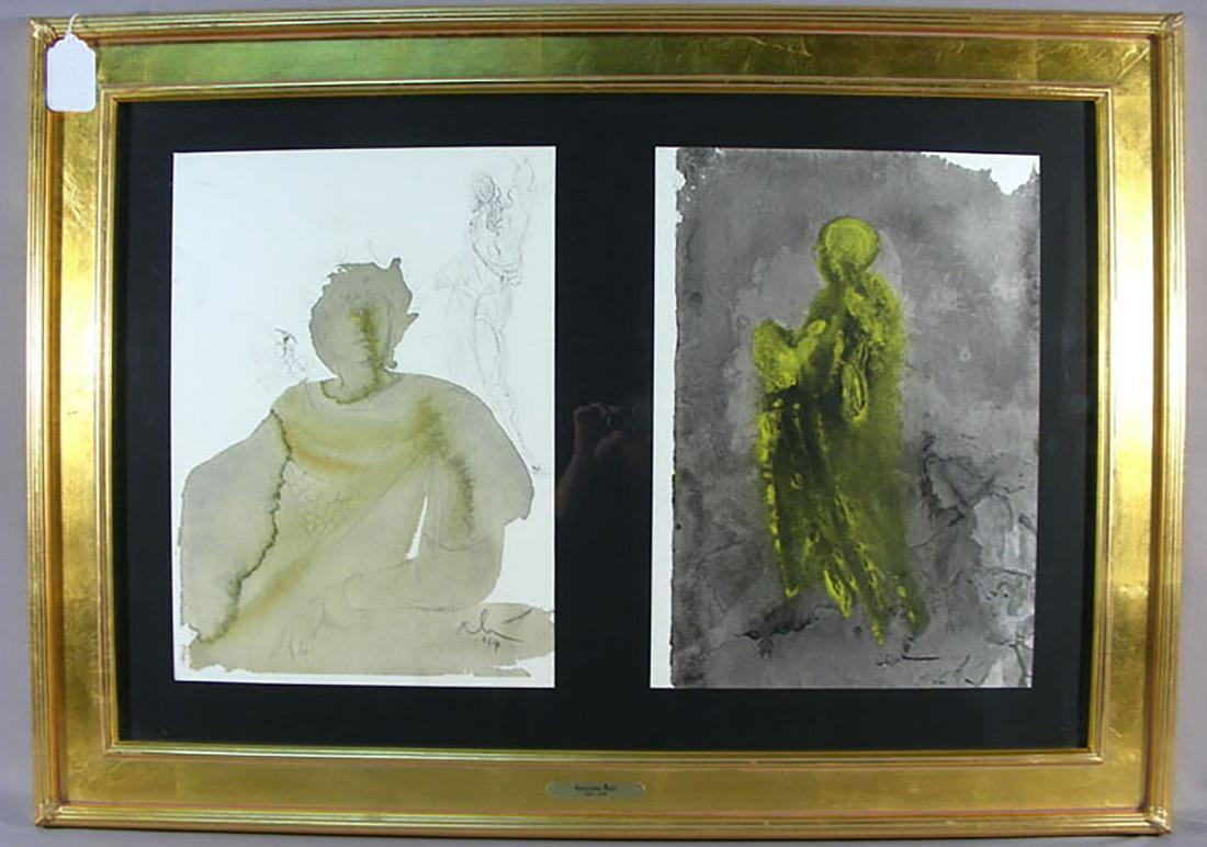 SALVADOR DALI (1904-1989) SPANISH: Unusually framed double Lithographs from the original Gouch on Arches paper. Both from the Biblia Sacra Series. Each signed and dated in plate. Each authenticated by Bruce Hochman. Overall framed 30" 