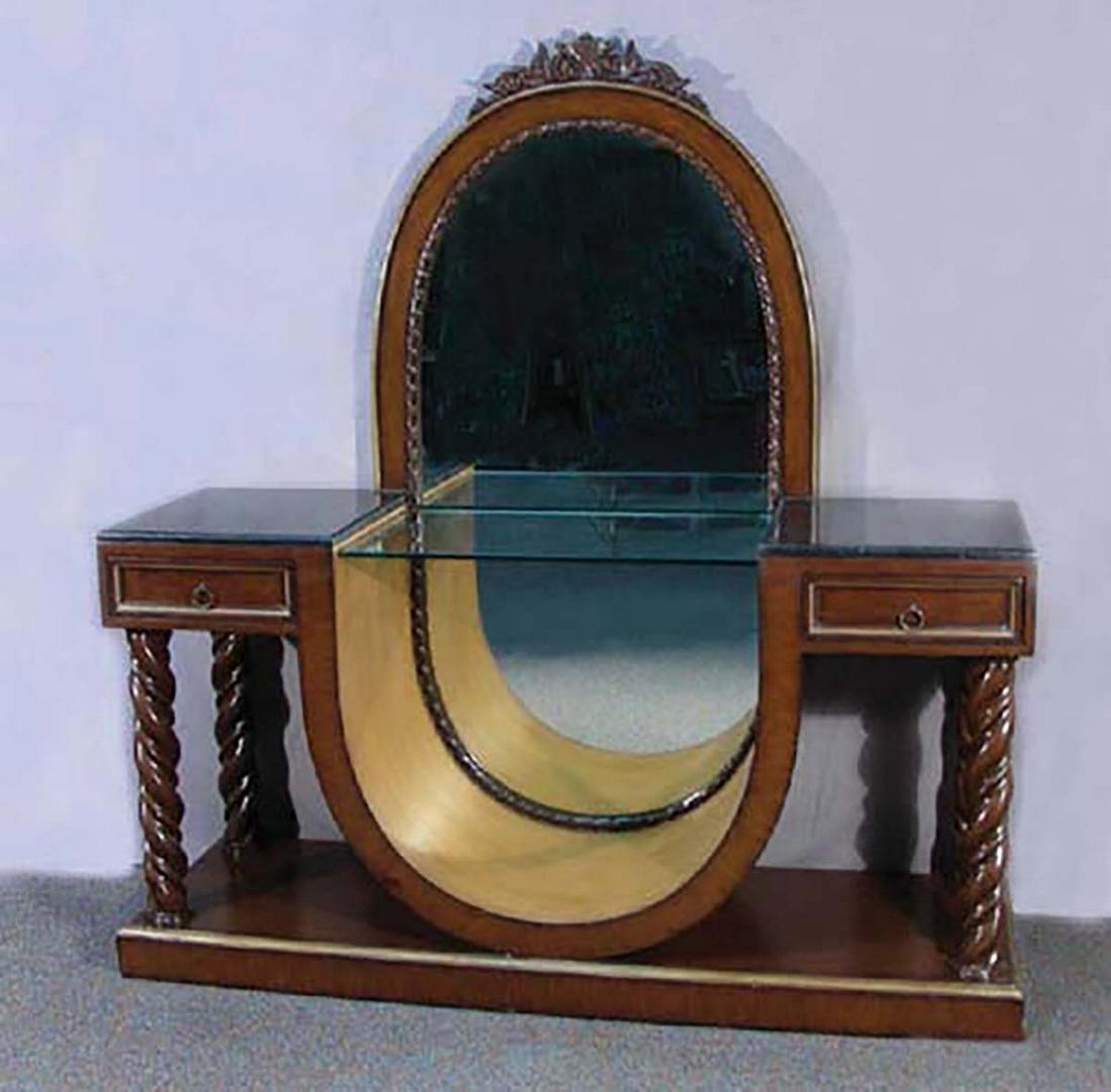 ART DECO STYLE VANITY WITH MIRROR: A large Art Deco style vanity with twisted columns. "U" shaped lower portion with mirrored back and a thick glass shelf. 69" high, 65" wide, 20" deep.