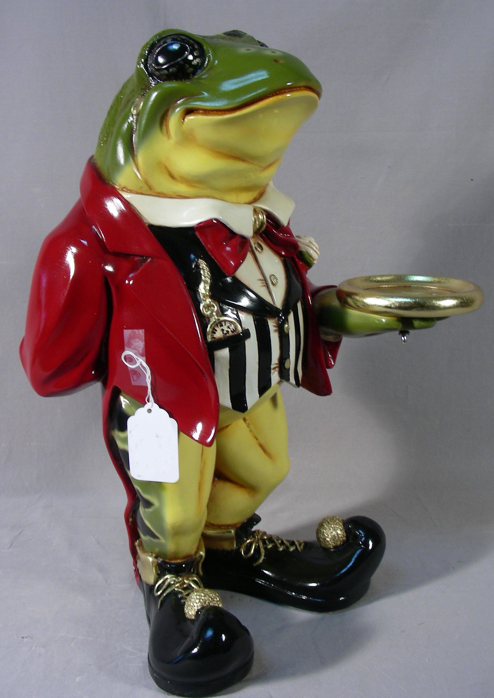 HUMOROUS HAND PAINTED COMPOSITION FROG BUTLER: Elegantly dressed standing frog holds a tray. 22" high.