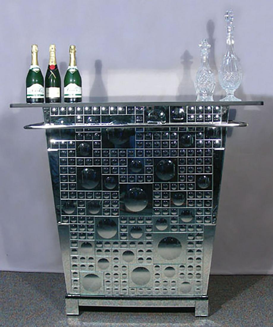 MODERN MIRRORED BUBBLE BAR: Chrome rail. Storage in back of bar. 41" high, 48" wide, 19" deep.
