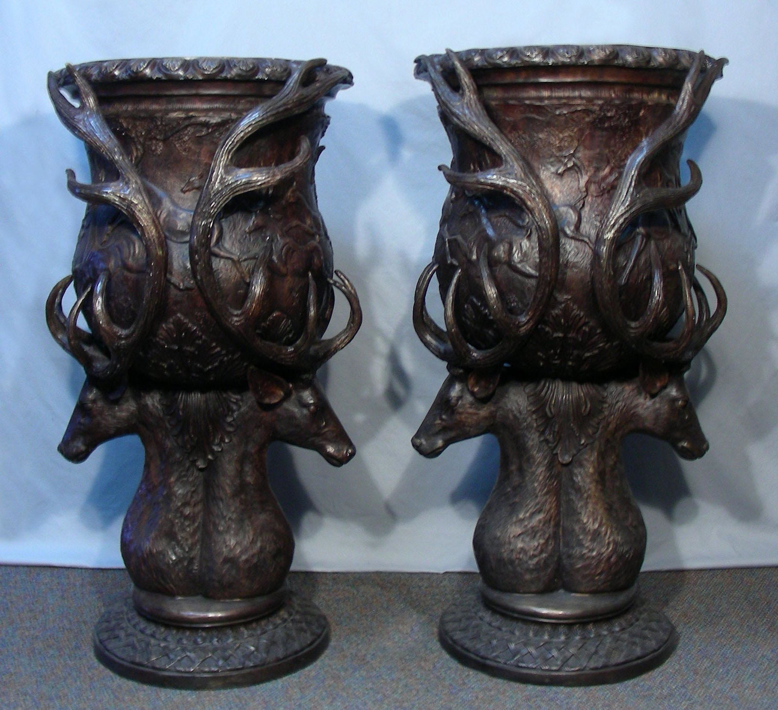 PAIR LARGE SPECTACULAR BRONZE DEER URNS (1 of 2)