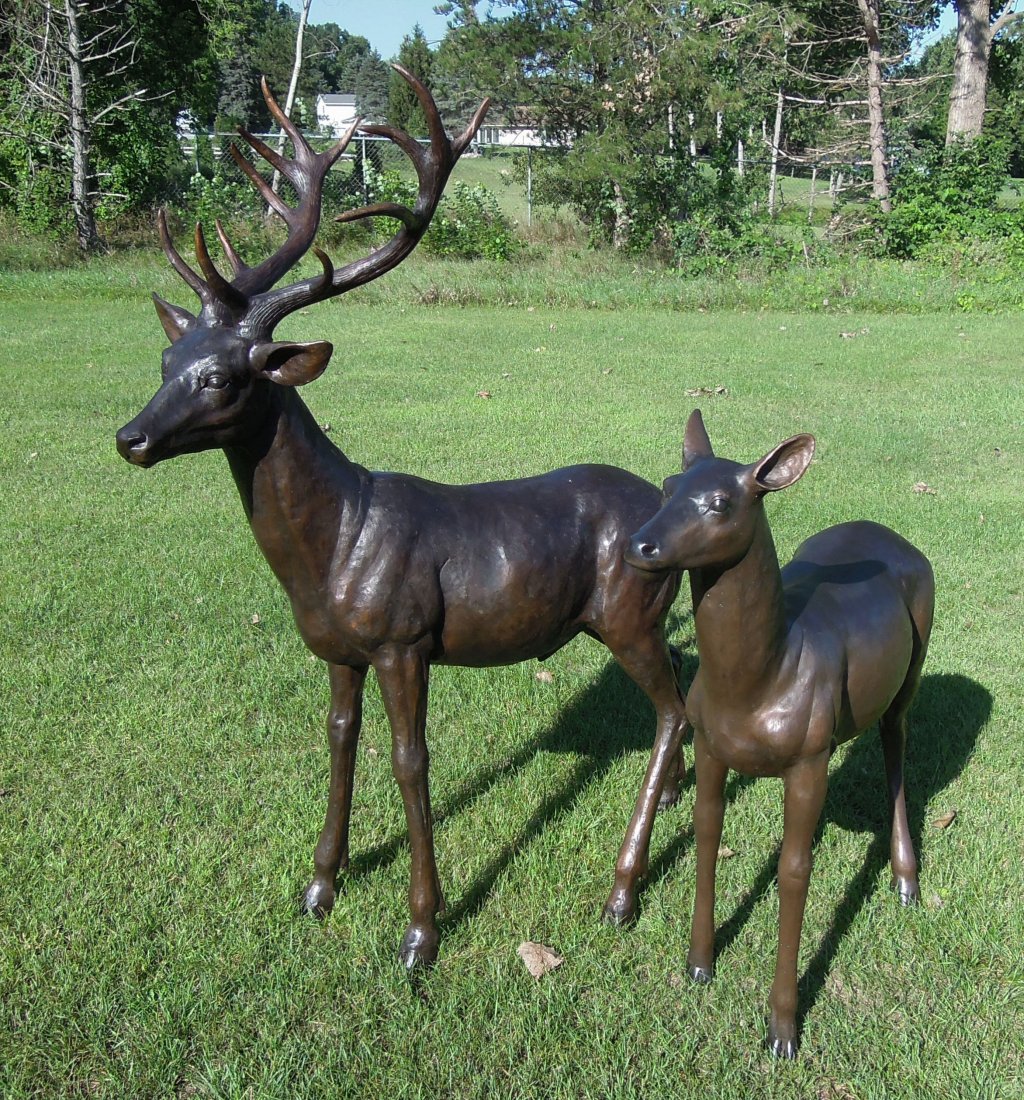 PAIR LIFE SIZE BRONZE DEER "BUCK & DOE" (1 of 2)
