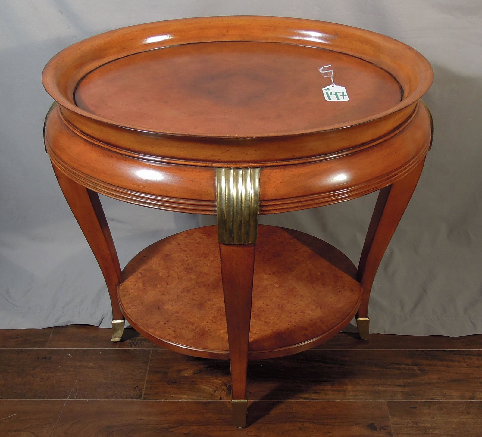BEAUTIFUL THOMASVILLE BURLWOOD & BRASS SIDE TABLE: Gallery rail. Matches Lot #146. 21 1/2" high, 52" wide, 29" deep.