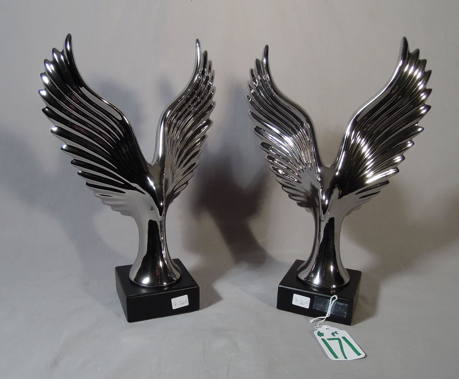 PAIR CHROMED ART DECO STYLE BIRDS: 14" high, 9 1/2" wide.