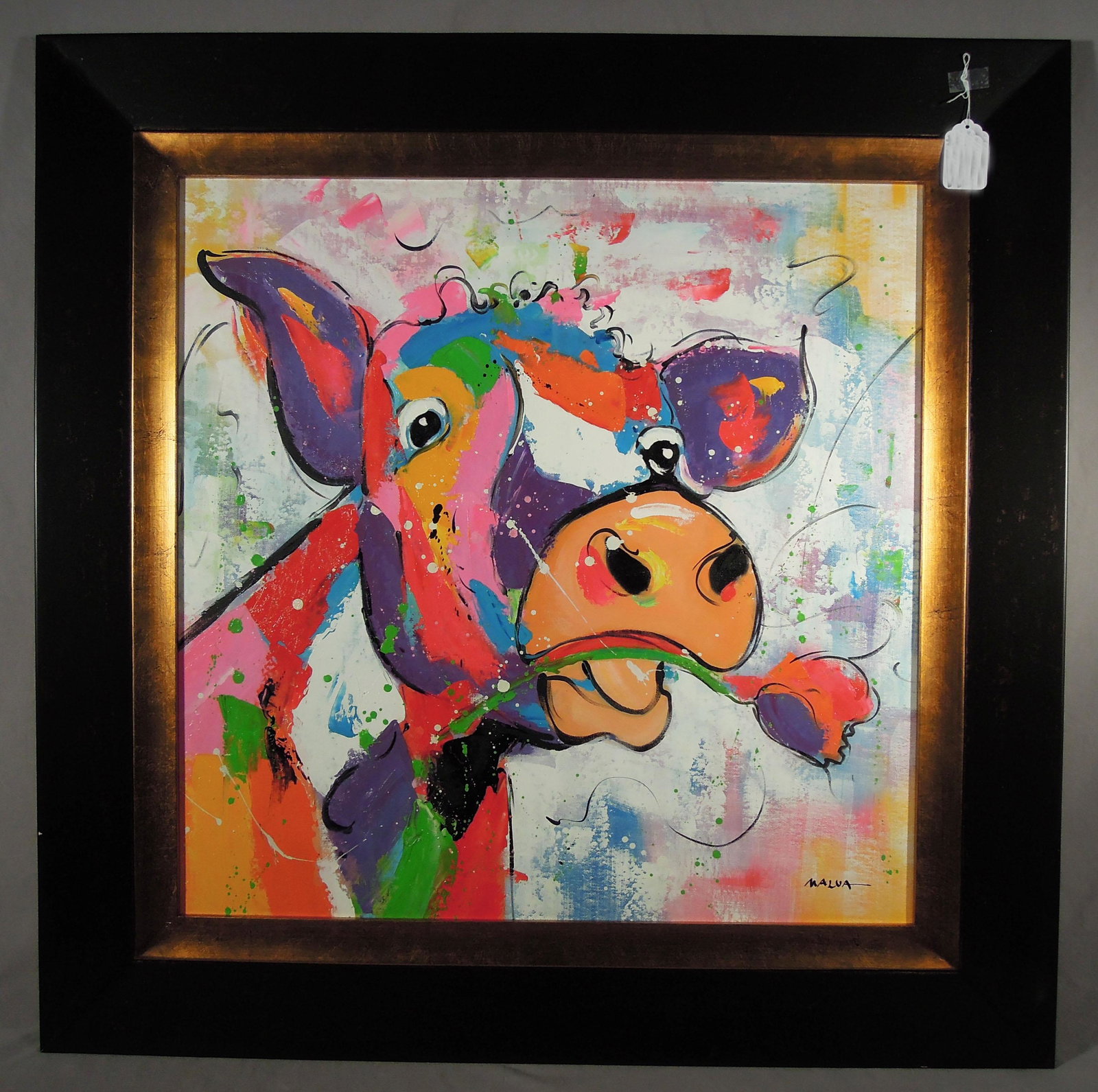 HUMOROUS POP ART OIL ON CANVAS "COW": Bright colors. Signed. Overall framed 41" x 40 1/2".