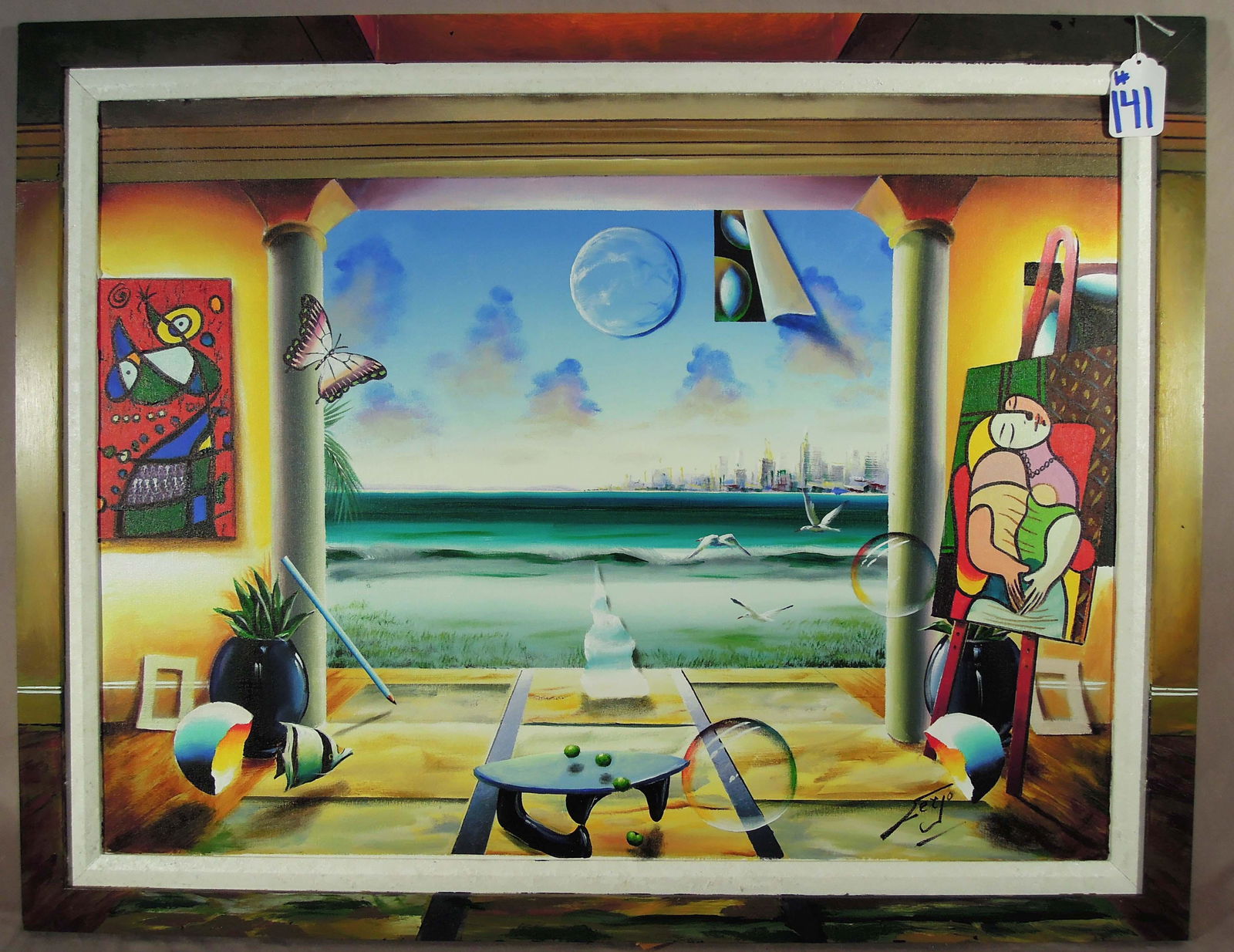 FERNANDO DE JESUS OLIVEIRA (1946- ) BRAZILIAN: Rare Original Acrylic on canvas "Seascape with Masters". Original Ferjo traits. Hand signed. Very rare original painted frame by Ferjo. Image 27" x 36", Overall 32" x 41".