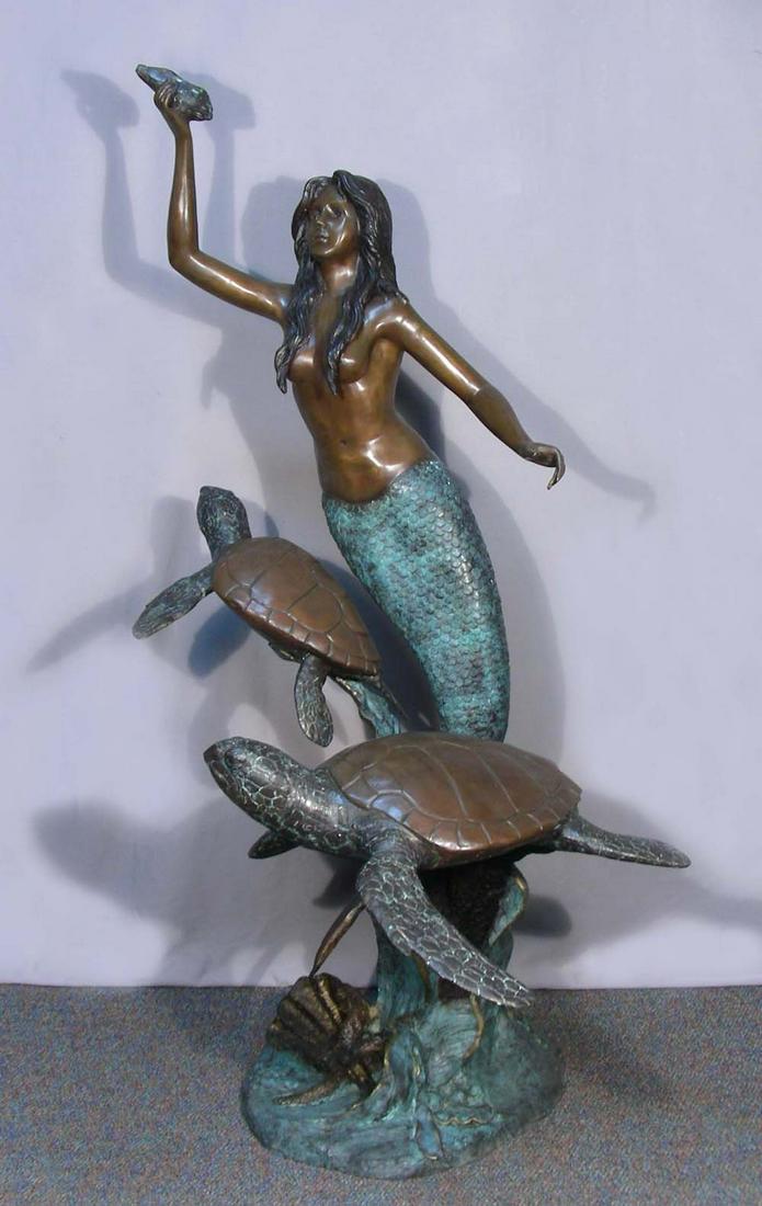 LIFE SIZE BRONZE SCULPTURE/FOUNTAIN OF MERMAID WITH SEA: Mermaid holds a shell while two large sea turtles swim beside her. Excellent detail. Water emerges from turtle's mouths and shell in mermaids hand when used as a fountain. 65 1/2" high.