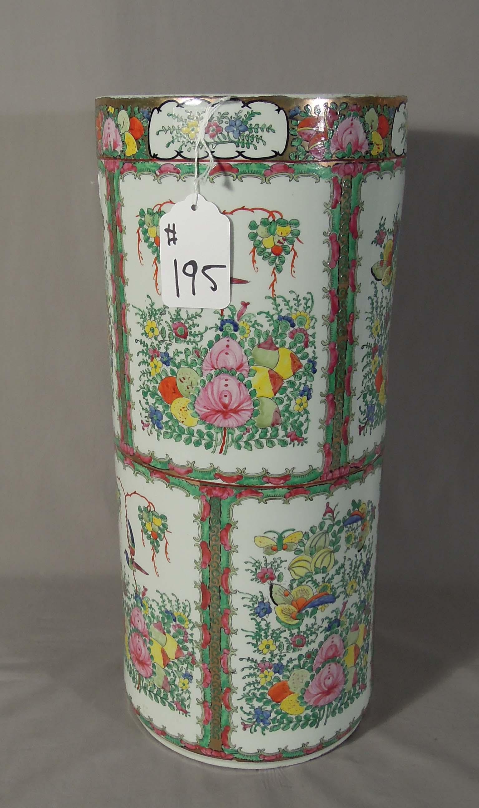 CHINESE PORCELAIN ROSE MEDALLION UMBRELLA STAND: 19" high, 8 1/2" dia.