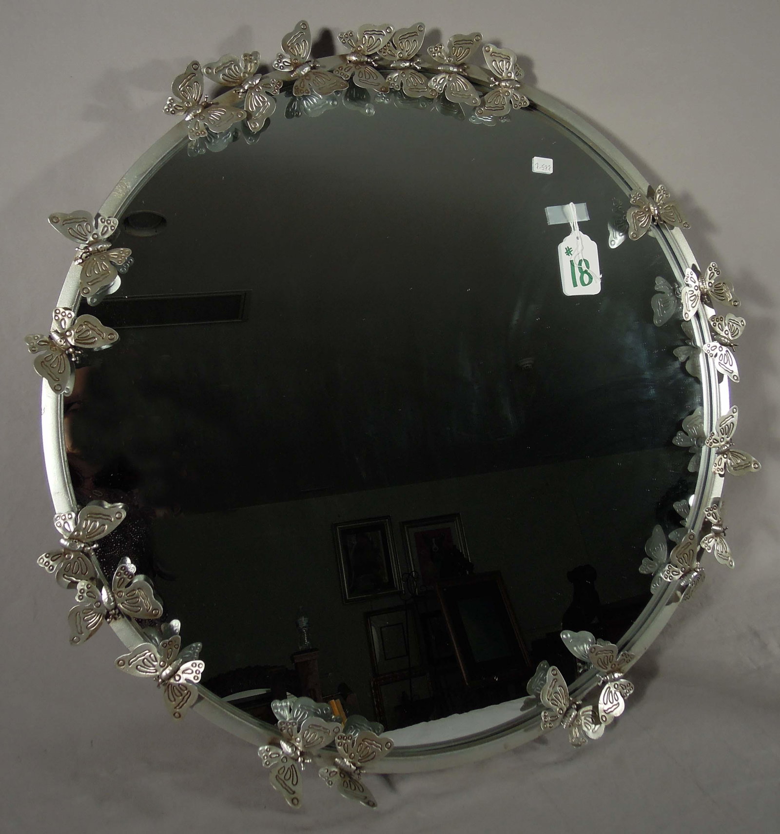UNUSUAL SILVER METAL MIRROR WITH BUTTERFLIES ON RIM: 28" dia.