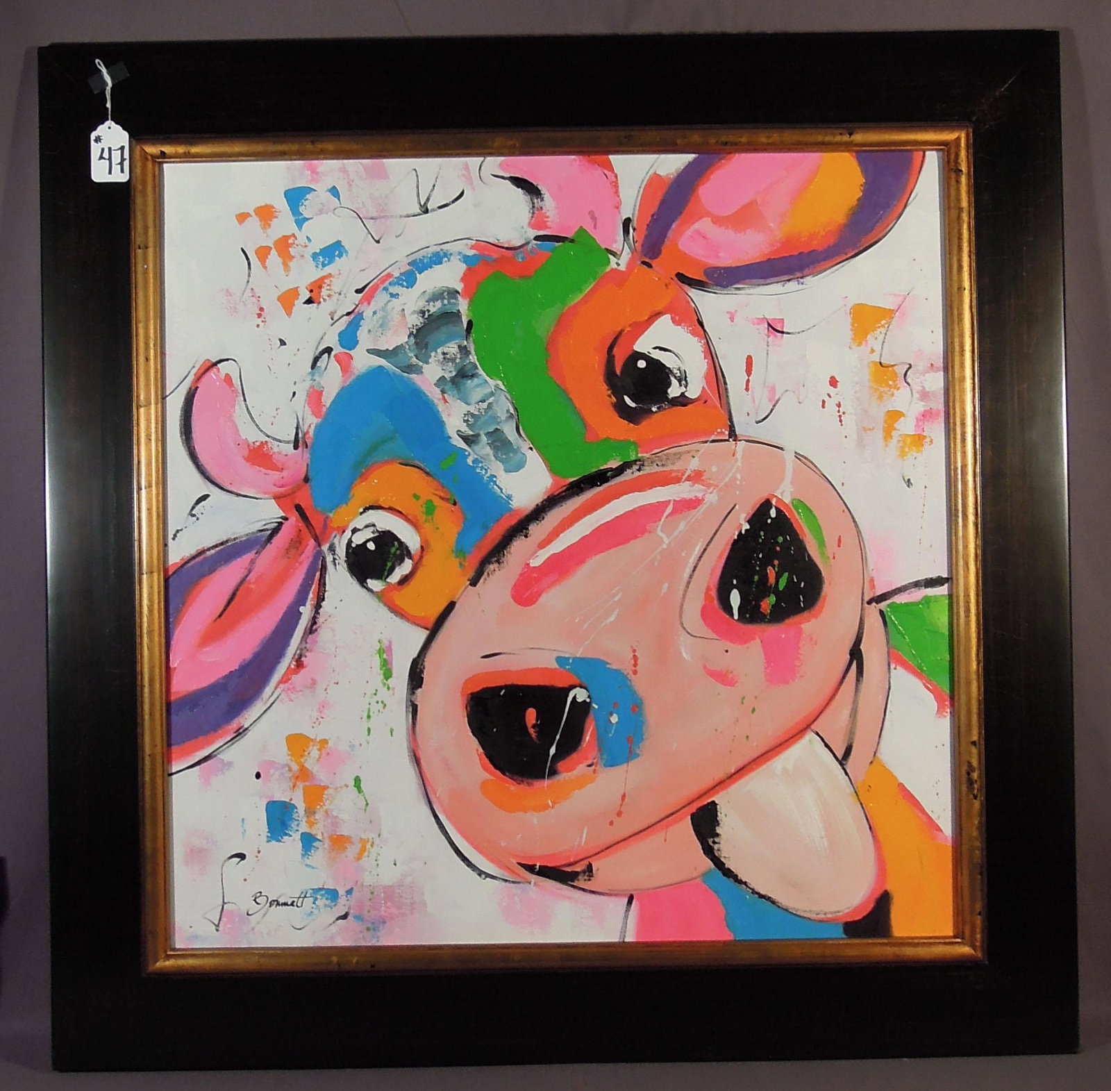 LARGE ORIGIINAL OIL ON CANVAS "POP ART COW": Colorful cow. Paint in high relief. Signed Bennett. Overall framed 46 1/2" x 45 3/4".