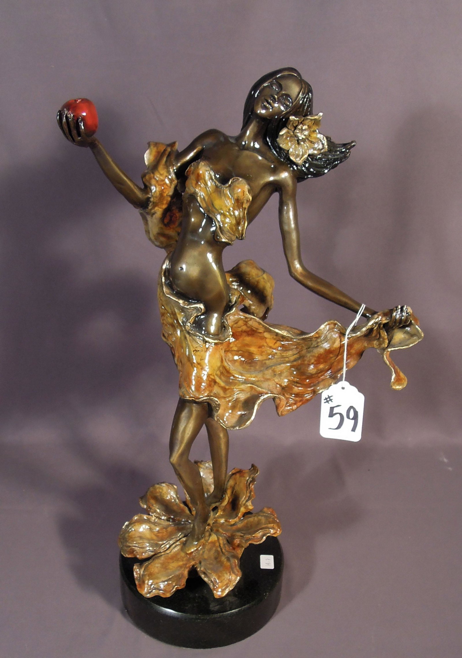 ORIGINAL LIMITED EDITION BRONZE SCULPTURE "MODERN EVE" BY SERGEY: A beautiful bronze sculpture of Eve holding apple. Excellent detail and fine three color patina. Black marble base. Signed and numbered 27/399. Original certificate of authenticity included. 24" high,