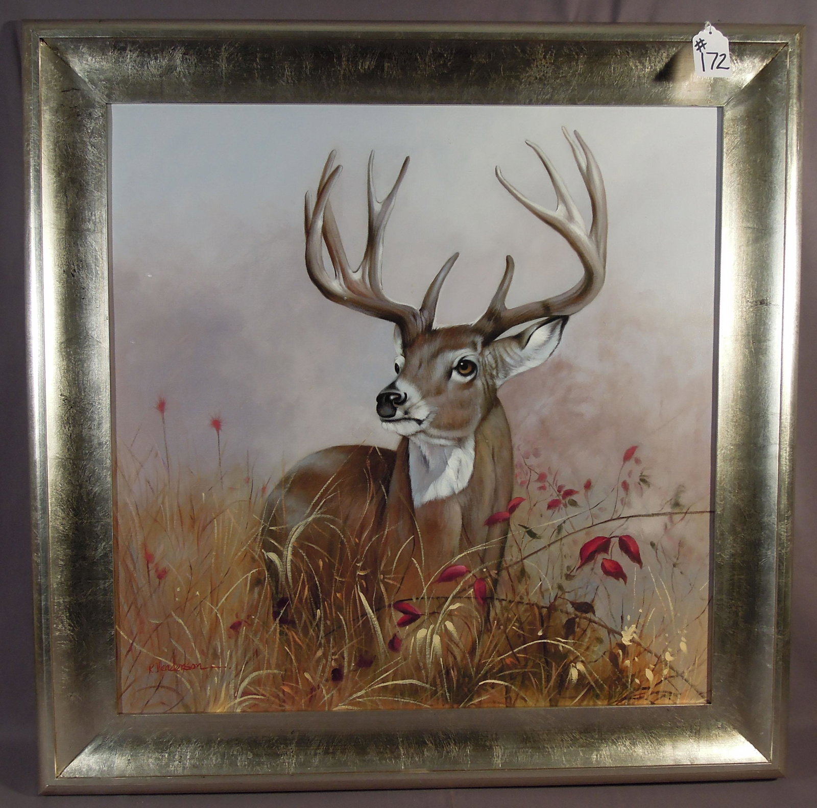 ORIGINAL OIL ON CANVAS: STANDING DEER: Finely detailed ten point buck. Signed. Overall framed 37" high, 37" wide.