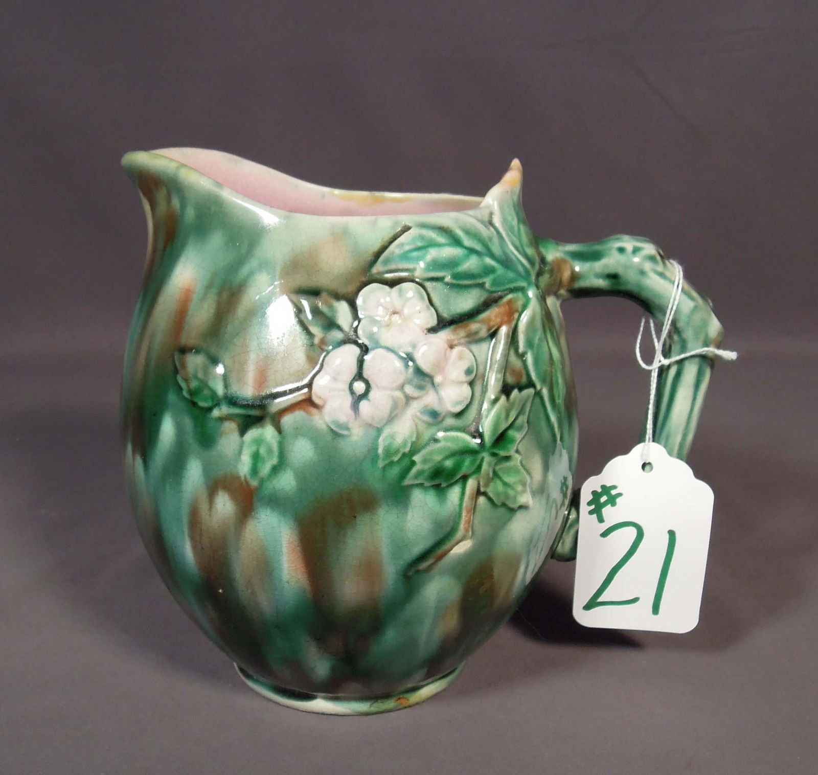 ANTIQUE MAJOLICA PITCHER "DOGWOOD PATTERN" (1 of 2)