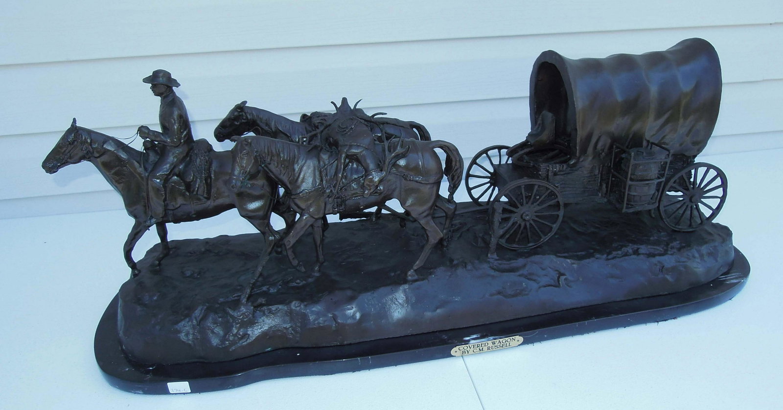 LARGE VINTAGE BRONZE SCULPTURE "COVERED WAGON" AFTER CHARLES M. RUSSELL (1 of 4)