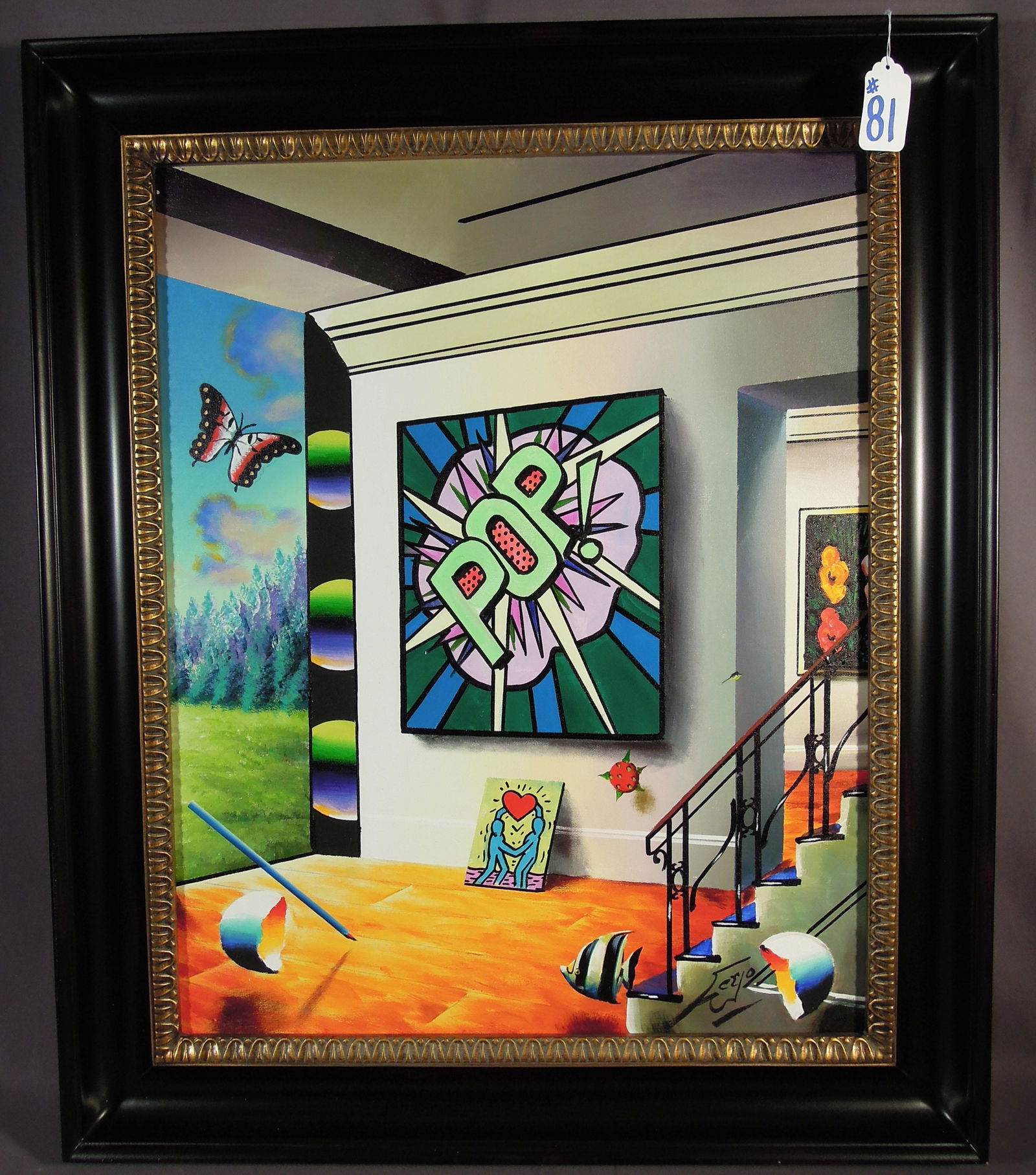 FERNANDO DE JESUS OLIVEIRA (1946- ) BRAZILIAN (FERJO): Original Oil on Canvas "Lichtenstein Pop". Typcal Ferjo traits. Hand signed. Image 30" x 24", Overall framed 36 1/2" x 31".