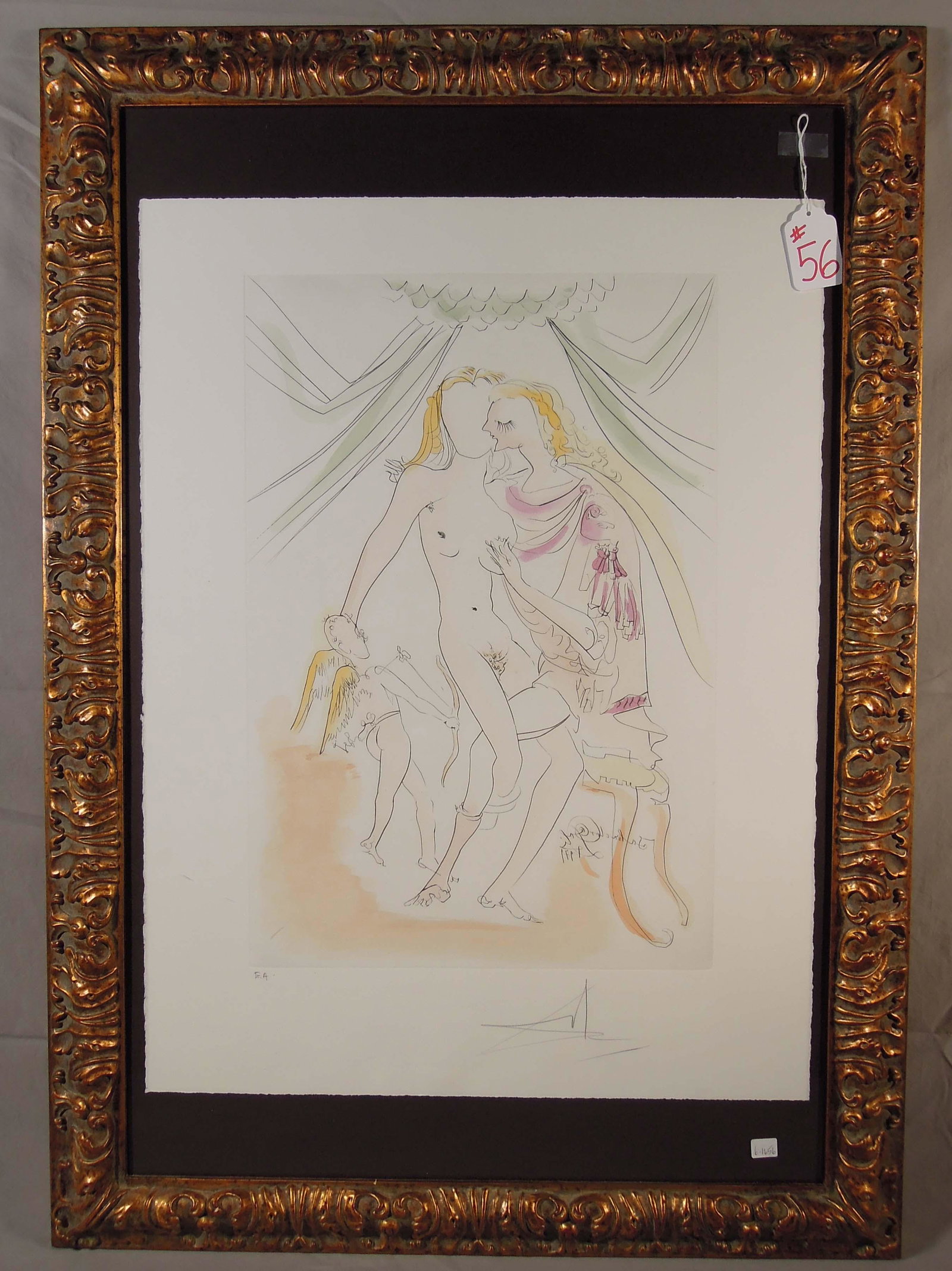 SALVADOR DALI (1904-1989) SPANISH: Original Etching in colors on paper "Venus Mars et Cupidon". Circa 1971. Rare Limited EA Edition. Hand signed by Dali and certified on verso. Overall framed 41 1/2" x 29 1/4".