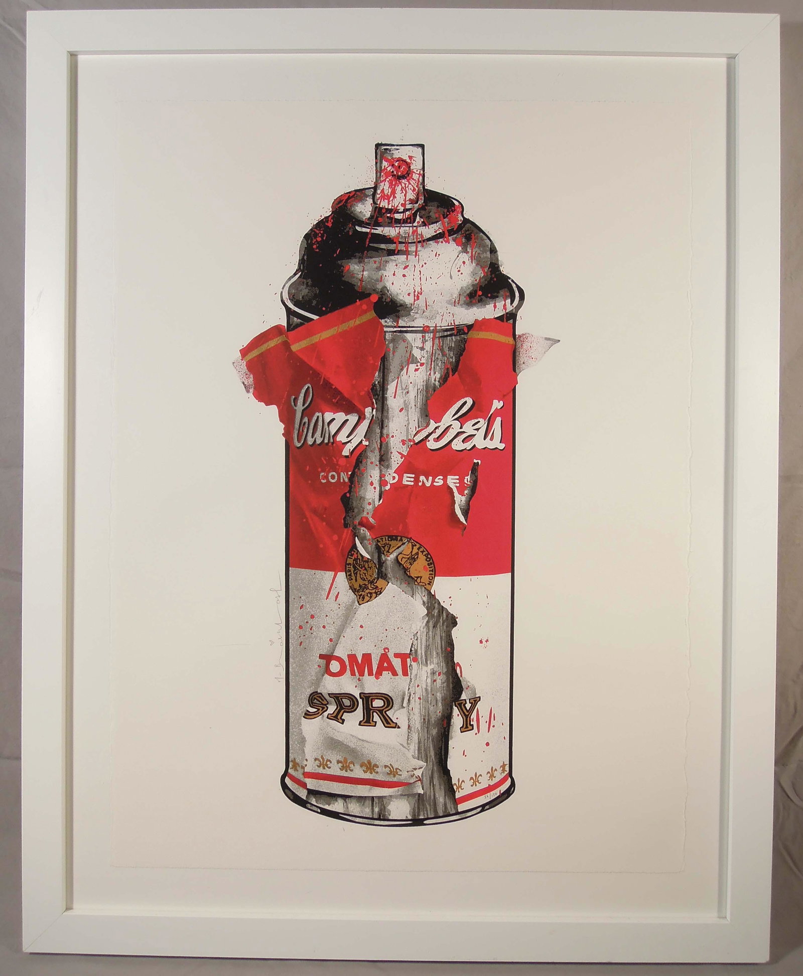 THIERRY GUETTA (1966- ) FRENCH (MR. BRAINWASH): Rare colored Silkscreen "Torn Spray Can". Limited Edition 56/150. Hand signed on front in pencil and numbered. Certified and authenticated on verso with Mr. Brainwash thumb print. Overall framed 37" x