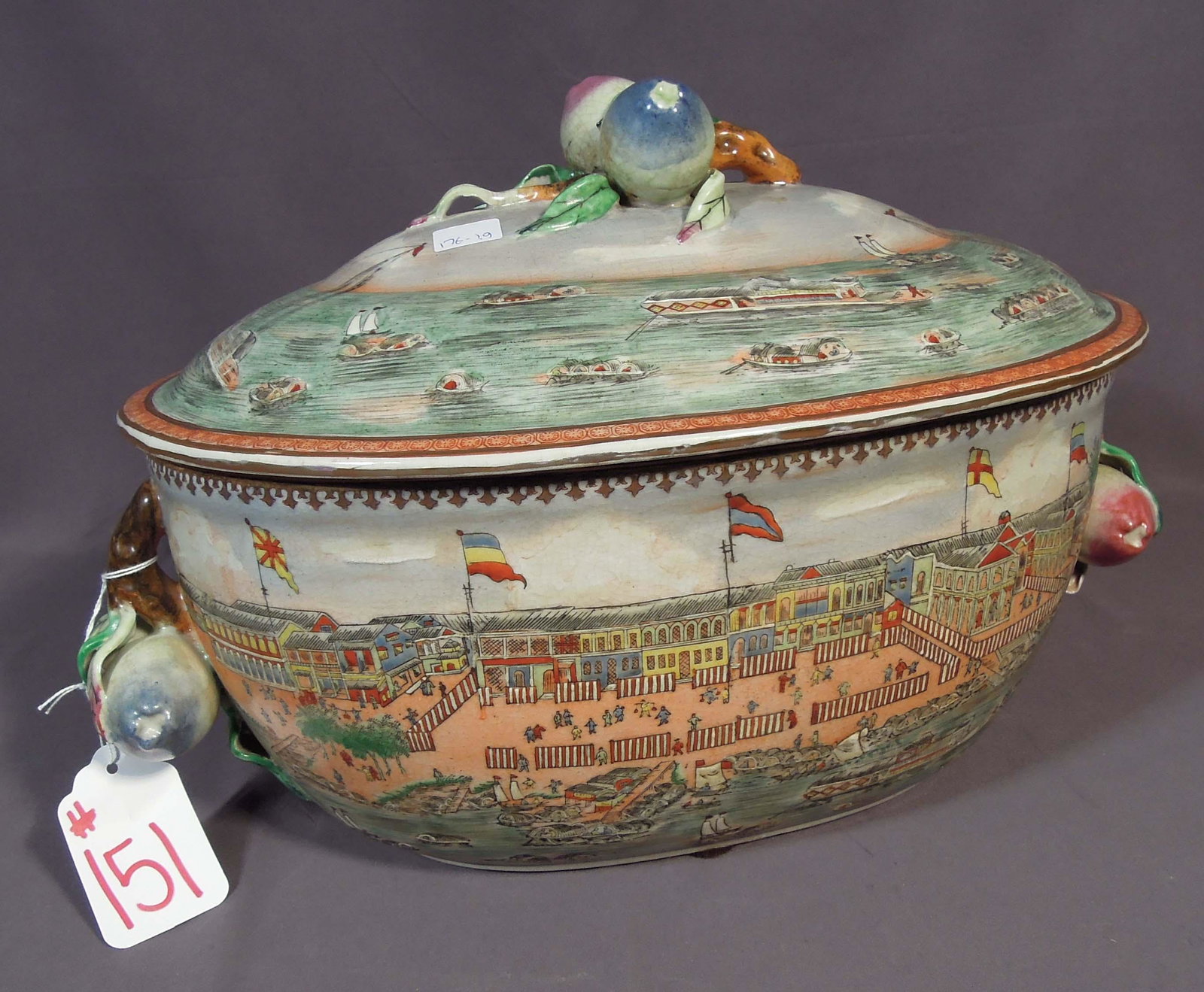 HAND PAINTED CHINESE PORCELAIN COVERED TUREEN: 10 1/2" high, 17" wide.