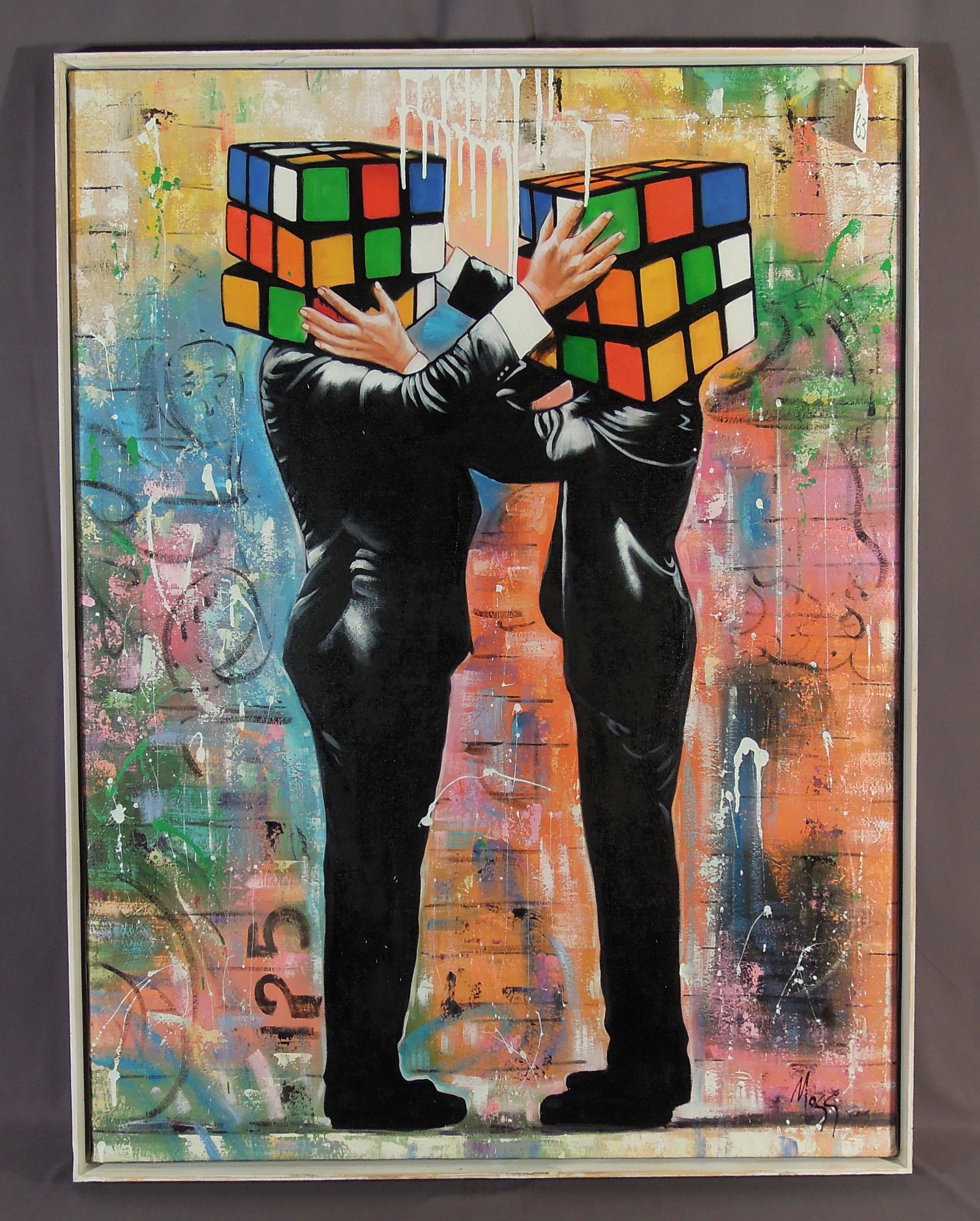 VERY UNUSUAL ORIGINAL POP ART OIL ON CANVAS:  RUBIX CUBE FIGURES (1 of 2)