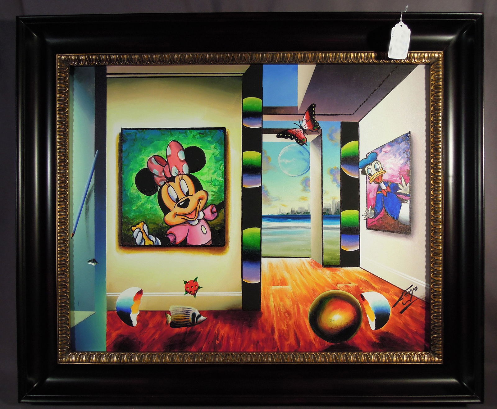 FERNANDO DE JESUS OLIVEIRA (1946- ) BRAZILIAN (FERJO): Original Oil on Canvas "Minnie Tease". Typcal Ferjo traits. Minnie Mouse and Donald Duck on walls. Hand signed. Image 24" x 30", Overall framed 31" x 36 1/2".