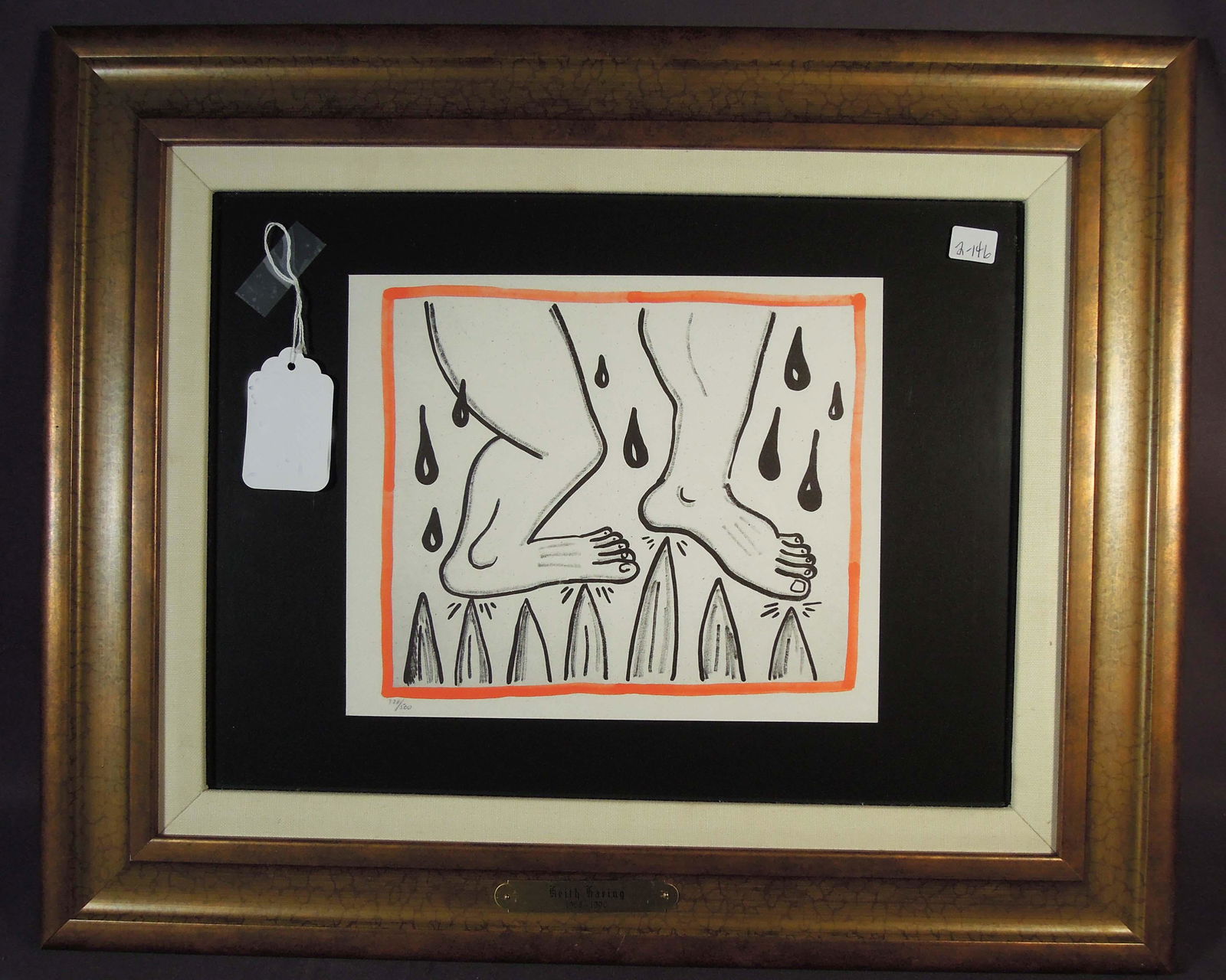 KEITH HARING (1958-1990) AMERICAN: Original Lithograph printed on acid free Rivoli paper. Untitled. Circa 1990. Limited Edition 328/500. Overall framed 18" x 22".