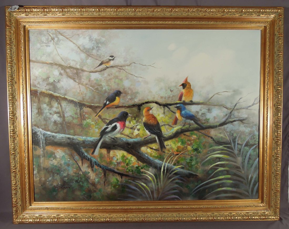 ORIGINAL OIL ON CANVAS OF COLORFUL BIRDS PERCHED IN TREE (1 of 2)
