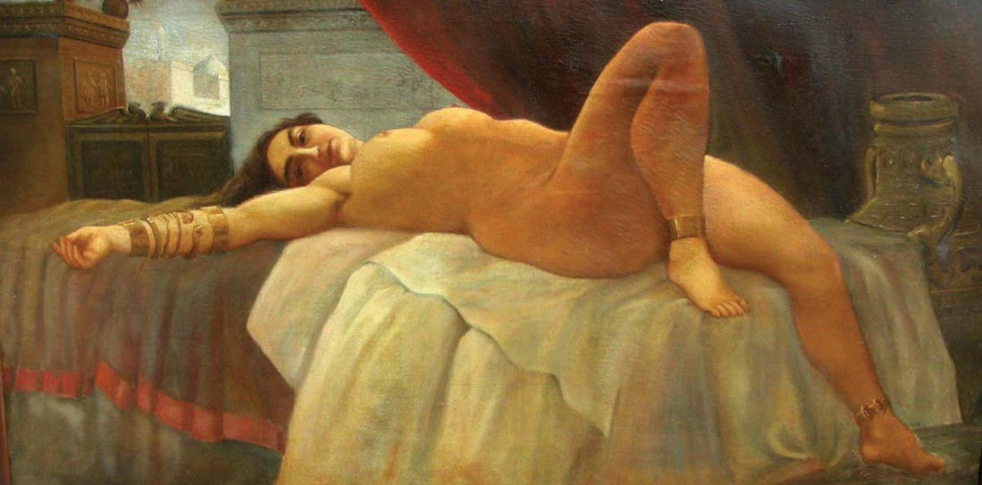 19TH CENTURY OIL ON CANVAS: RECLINING NUDE: Original antique wooden frame. Nude woman reclines on a bed. Note: Some repair on back, should be relined. Overall 50" x 87"