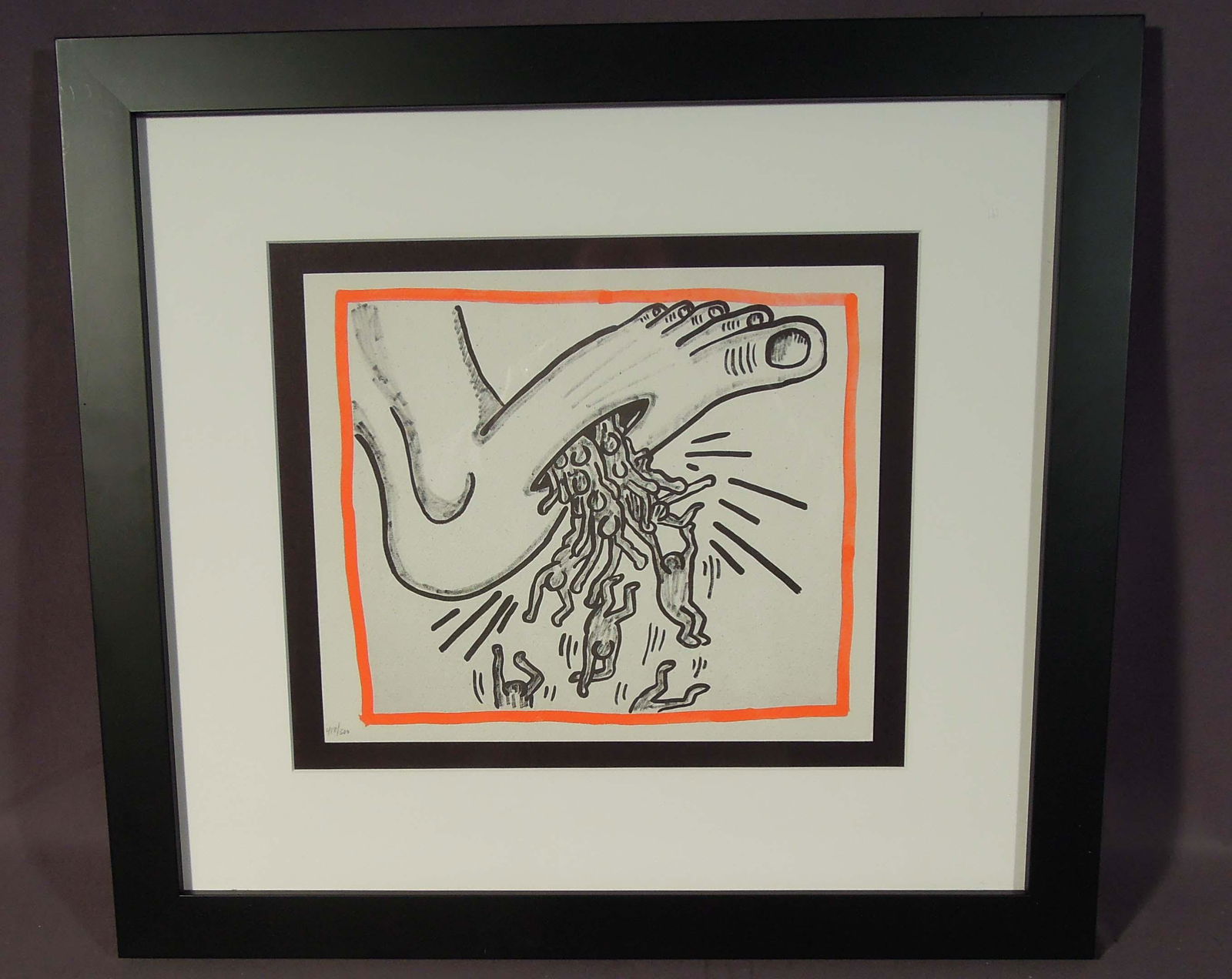 KEITH HARING (1958-1990) AMERICAN: Original Lithograph printed on acid free Rivli paper. Circa 1989. Limited Edition 418/500. Overall framed 17" x 19".