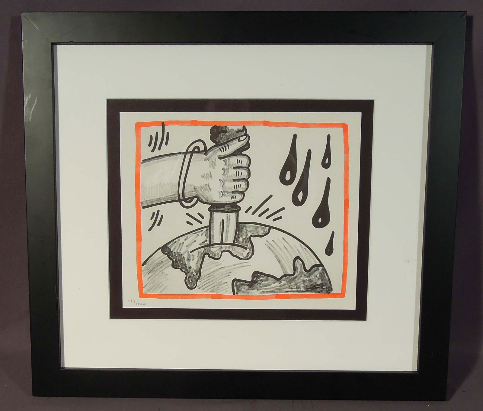 KEITH HARING (1958-1990) AMERICAN: Original Lithograph printed on acid free Rivli paper. Circa 1989. Limited Edition 387/500. Overall framed 17" x 19".