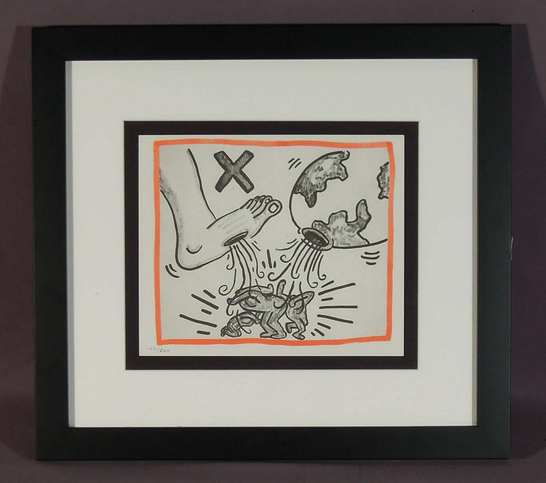 KEITH HARING (1958-1990) AMERICAN: Original Lithograph printed on acid free Rivli paper. Circa 1989. Limited Edition 387/500. Overall framed 17" x 19".