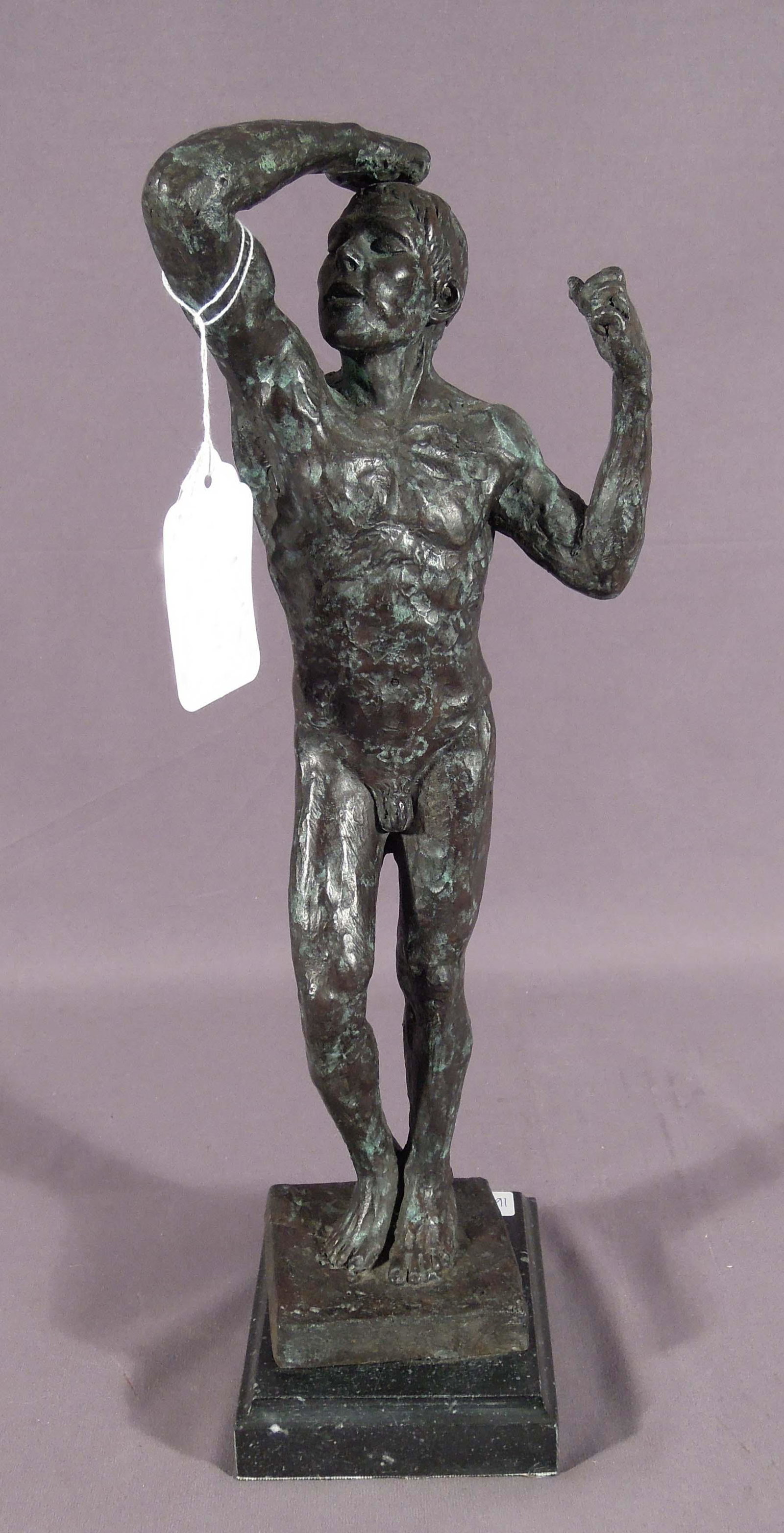 HEAVY RODIN STYLE BRONZE SCULPTURE OF NUDE MAN: Man strikes a pose. Black marble base. 16" high.