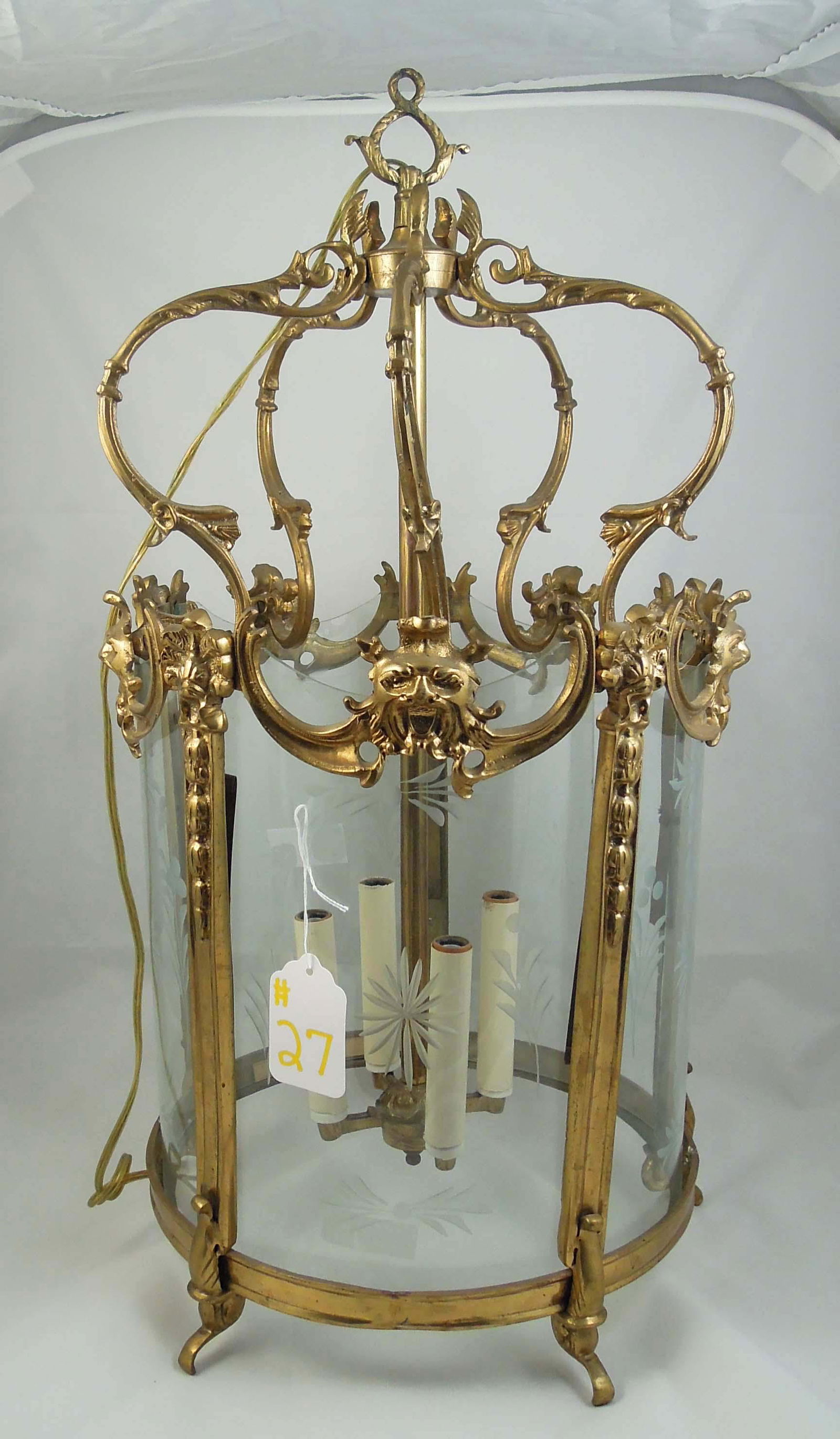 BRASS AND ETCHED GLASS LANTERN STYLE CHANDELIER (1 of 1)