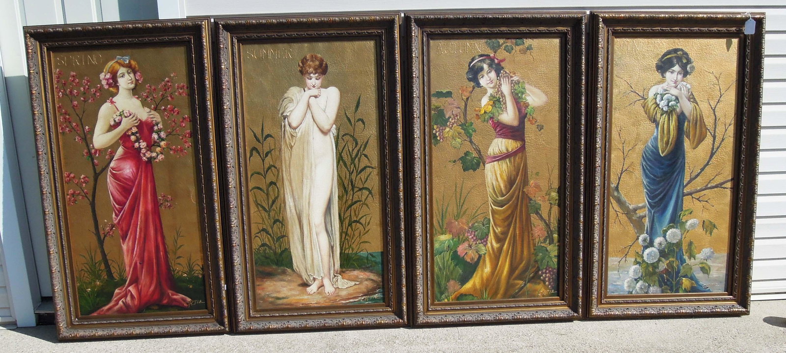 GROUP OF FOUR MONUMENTAL SIZE ORIGINAL OILS ON CANVAS "FOUR SEASONS" BY PERUVIAN ARTIST ORTIZ: Traditional Ortiz traits with crackle glaze finish. Paint in high relief. Each signed. Each with gilt frame. Each overall framed 57" high, 33" wide.