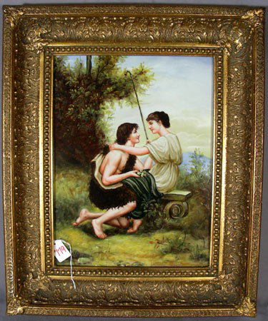 HAND PAINTED PORCELAIN PLAQUE: COURTSHIP SCENE: Ornate gold frame. 16" x 12"