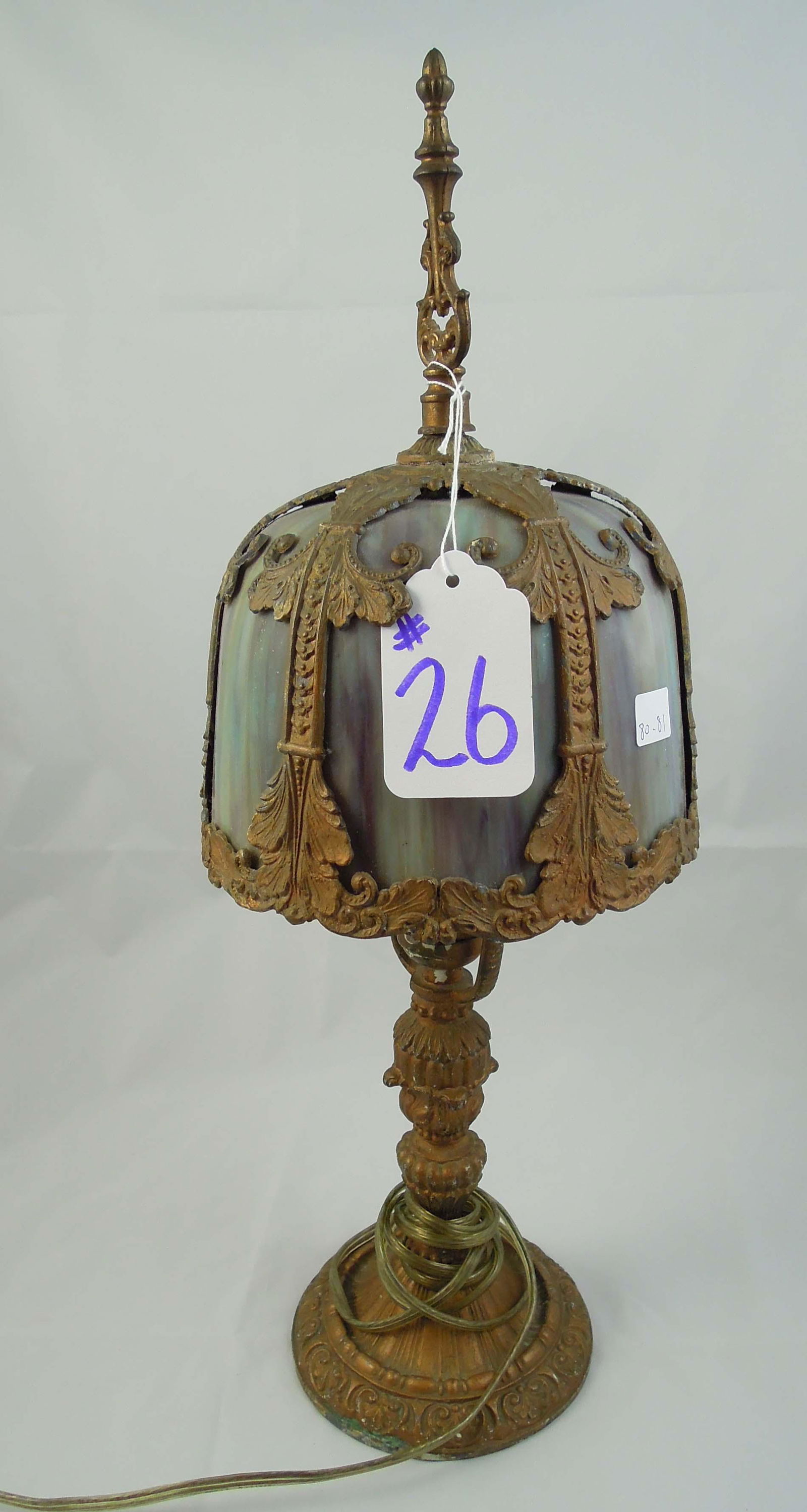 FINE ANTIQUE METAL AND SLAG GLASS TABLE LAMP (1 of 3)