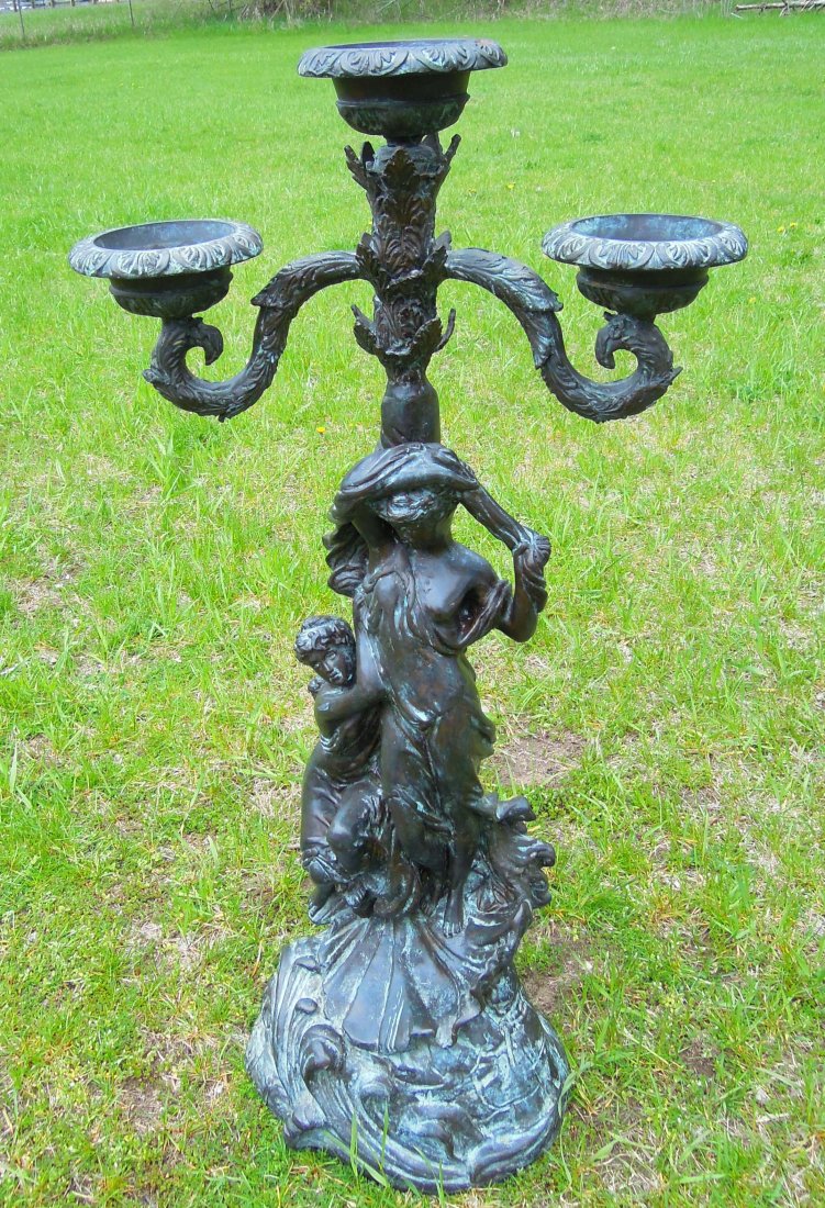 FINE BRONZE TRIPLE CANDELABRUM: Base with two beautiful women. Great aged patina. 36" high, 19" wide.