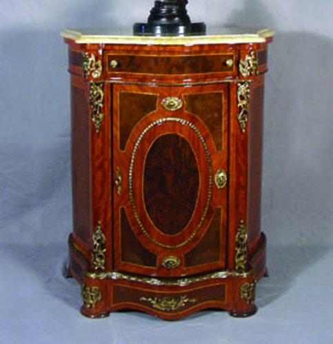 FRENCH STYLE SMALL SCALE INLAID CABINET- MARBLE TOP: A bow front design cabinet with inlay work on front and sides. One drawer and one door which opens to reveal storage area. Beige marble top. 29 1/2" high, 24 1/2" wide, 14" deep