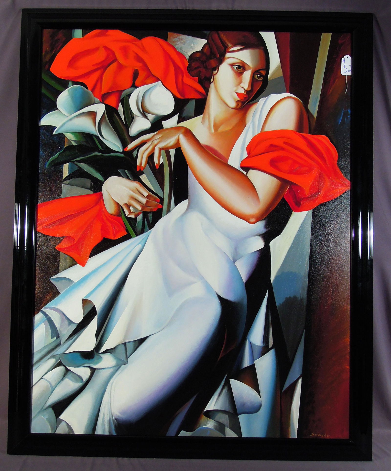 ORIGINAL OIL ON CANVAS IN THE STYLE OF TAMARA DE LEMPICKA: Large painting depicting the original Lempicka oil "Portrait of Ira Perrot". Signed lower right Sawicka.Overall framed 5' x 4'.