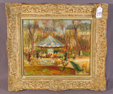 MARCEL DYF (1899-1985) FRENCH: Original Oil on canvas "Carousel Champs Elysees Garden". Hand signed. Original wooden frame. Image 15" x 18", Overall 22 1/2" x 25 1/2".