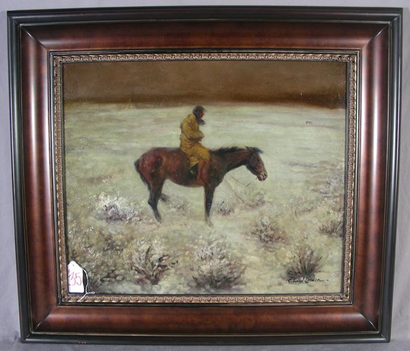 FINE OIL ON CANVAS: THE NORTHER: FINE OIL ON CANVAS: THE NORTHER A man sits on his horse during a storm. Signed Larson, lower right. Brown frame. 20” x 24”