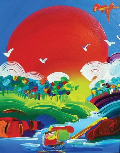 PETER MAX (1937- ) GERMAN - ORIGINAL OIL ON CANVAS: PETER MAX (1937- ) GERMAN - ORIGINAL OIL ON CANVAS “WITHOUT BORDERS” (SEE PHOTO) Hand signed of front and stamped by Peter Max Studios on reverse. Black and gold frame. 20” x 16”