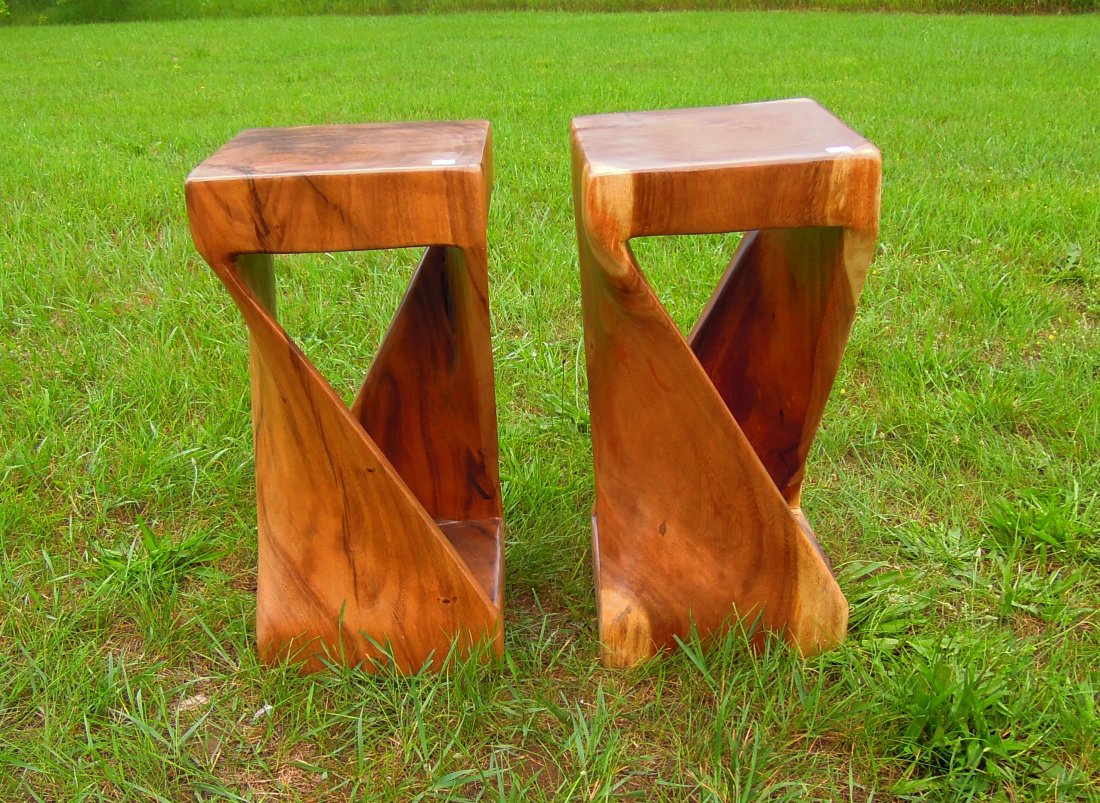 PAIR HEAVY TEAK STOOLS/PEDESTALS: 24" high, 12" sq.