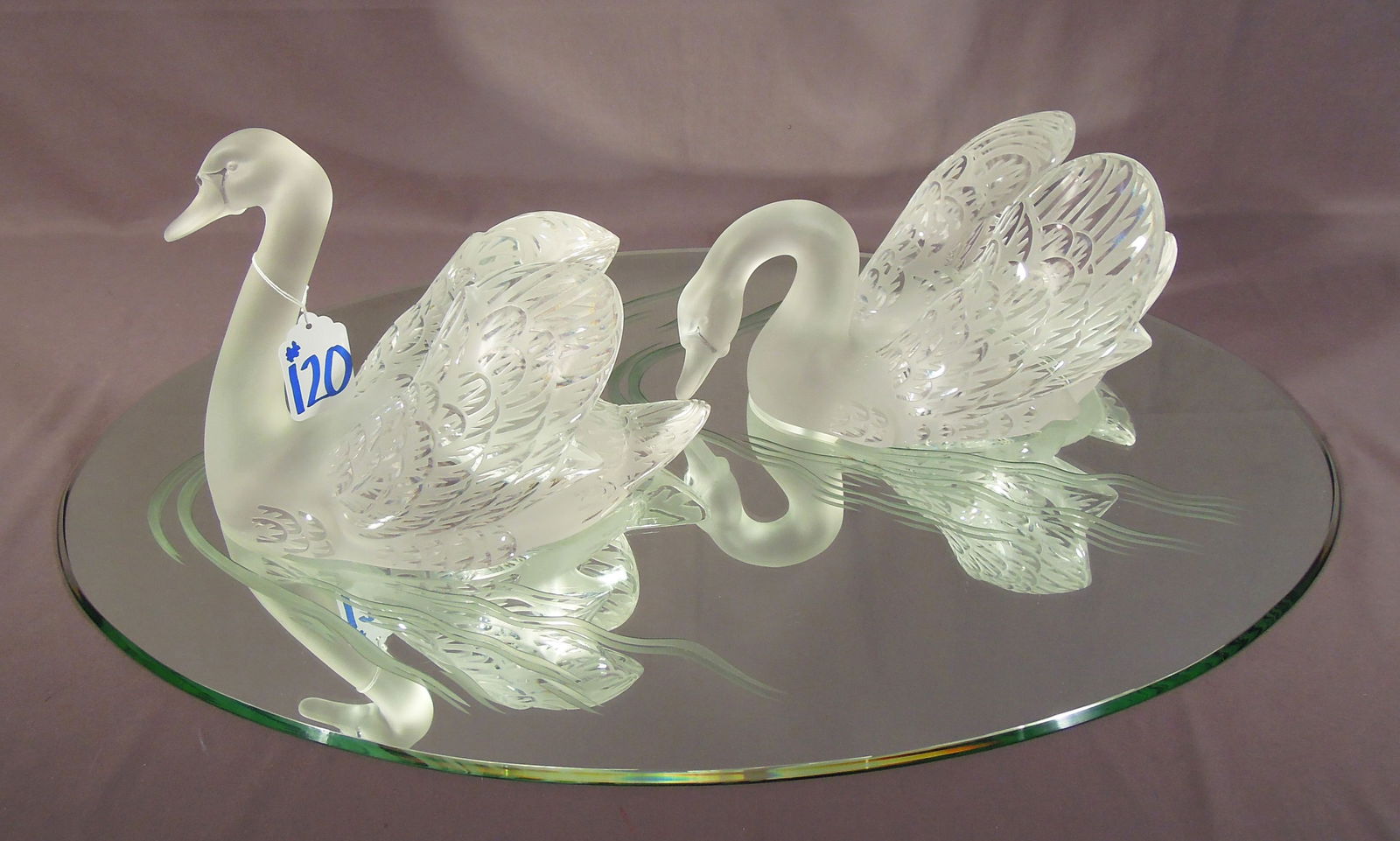 PAIR VINTAGE FRENCH LALIQUE SWANS ON ORIGINAL ETCHED MIRRORED TRAY (1 of 5)
