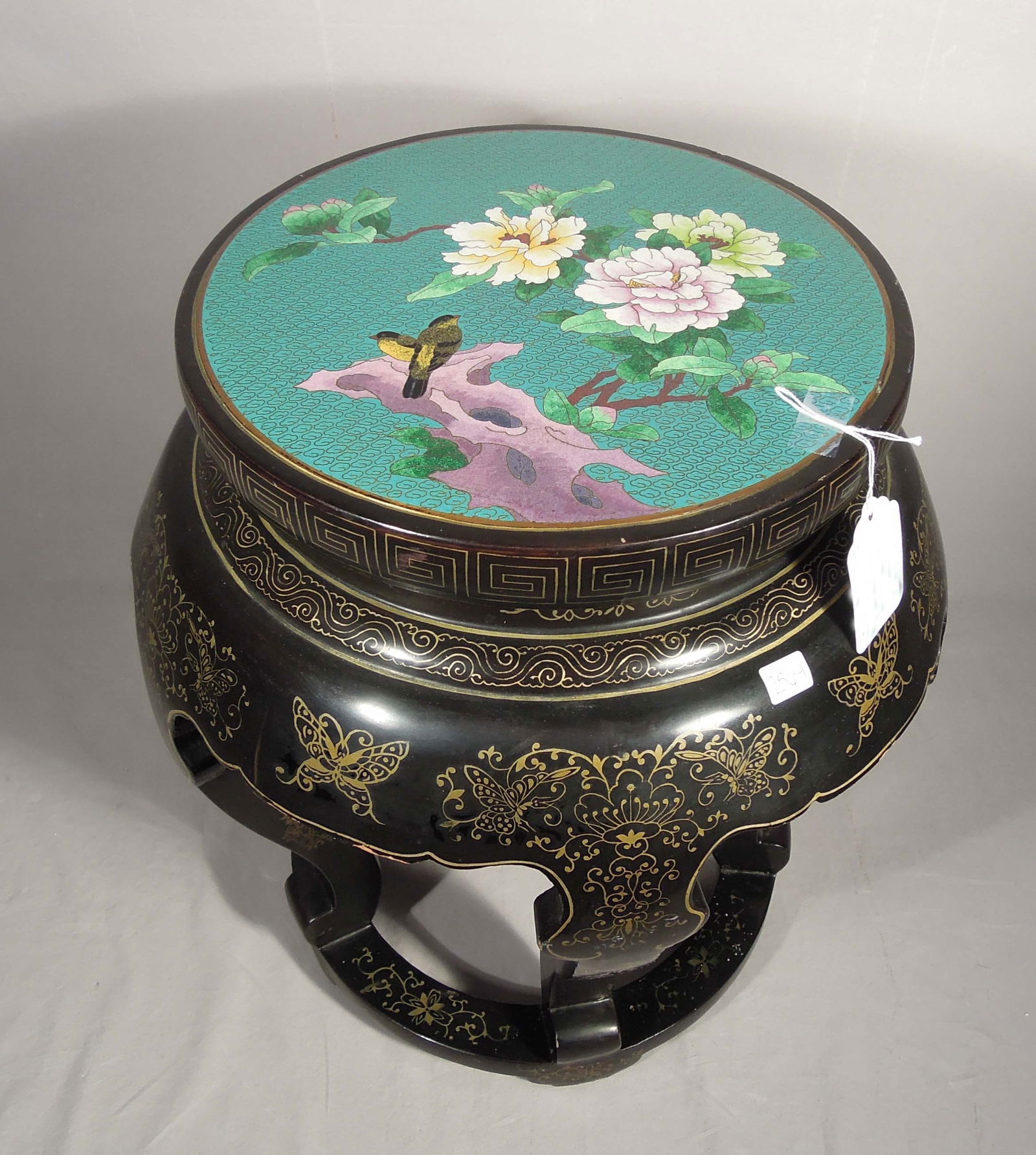 VINTAGE CHINESE BLACK LACQUER STOOL WITH CLOISONNE TOP (1 of 2)