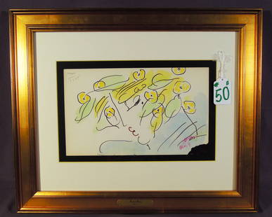 PETER MAX (1937- ) GERMAN: Vintage original Mixed Media and Watercolor on paper "Blushing Beauty". Circa 1985. Hand signed by Max in pencil. Note: Lower right corner is paint, not a tear. Piece is in excellent condition. Overal