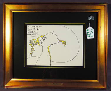 PETER MAX (1937- ) GERMAN: Vintage original Mixed Media and Watercolor "Untitled Portrait". Personal note on upper left corner. Overall framed 19 1/2" x 23 1/2".